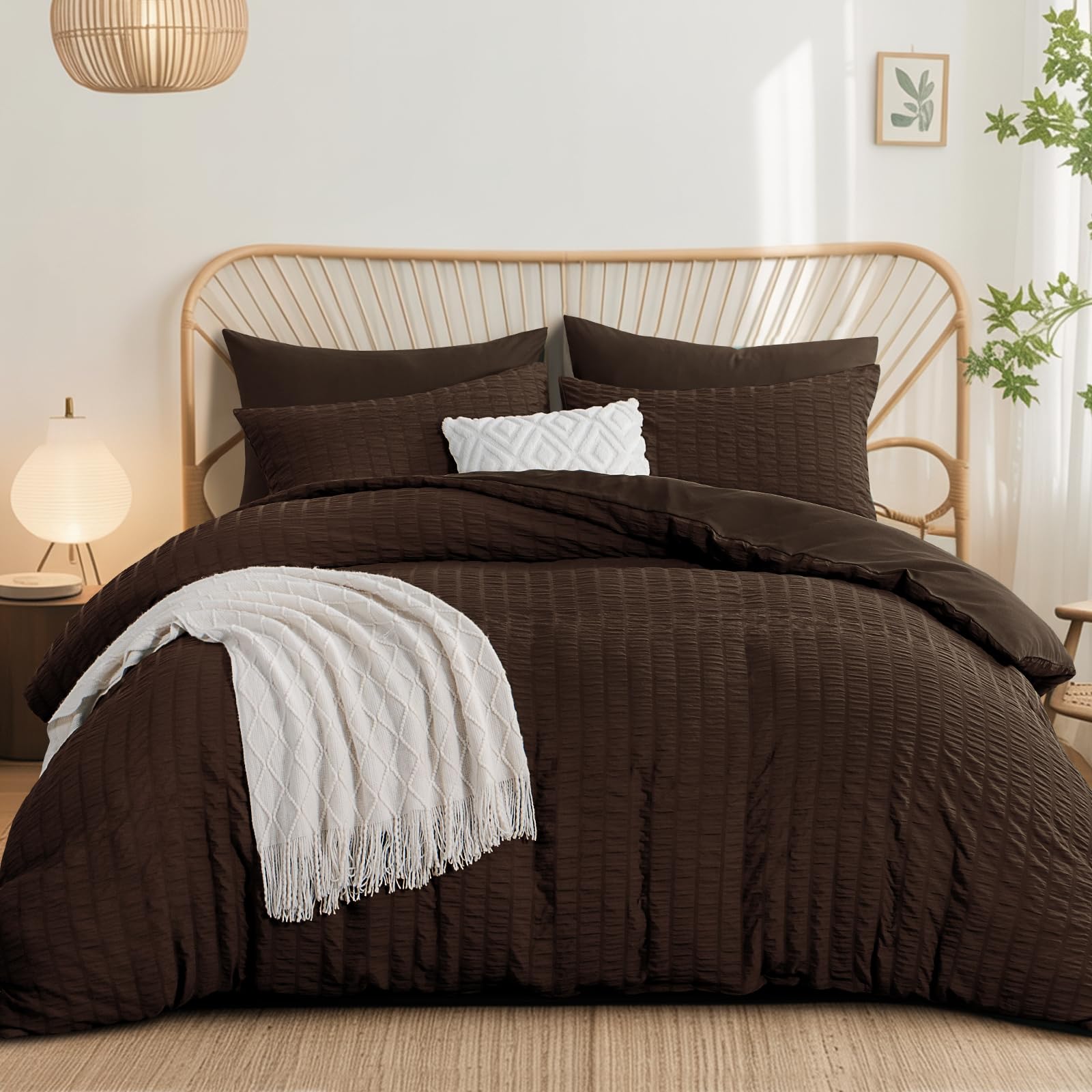 Aisbo Double Duvet Cover Set Brown Seersucker Bedding Set with 2 Pillowcases, Soft Breathable Textured Puckering Bed Quilt Cover Set with Zipper (200×200cm) 3pcs — image 1
