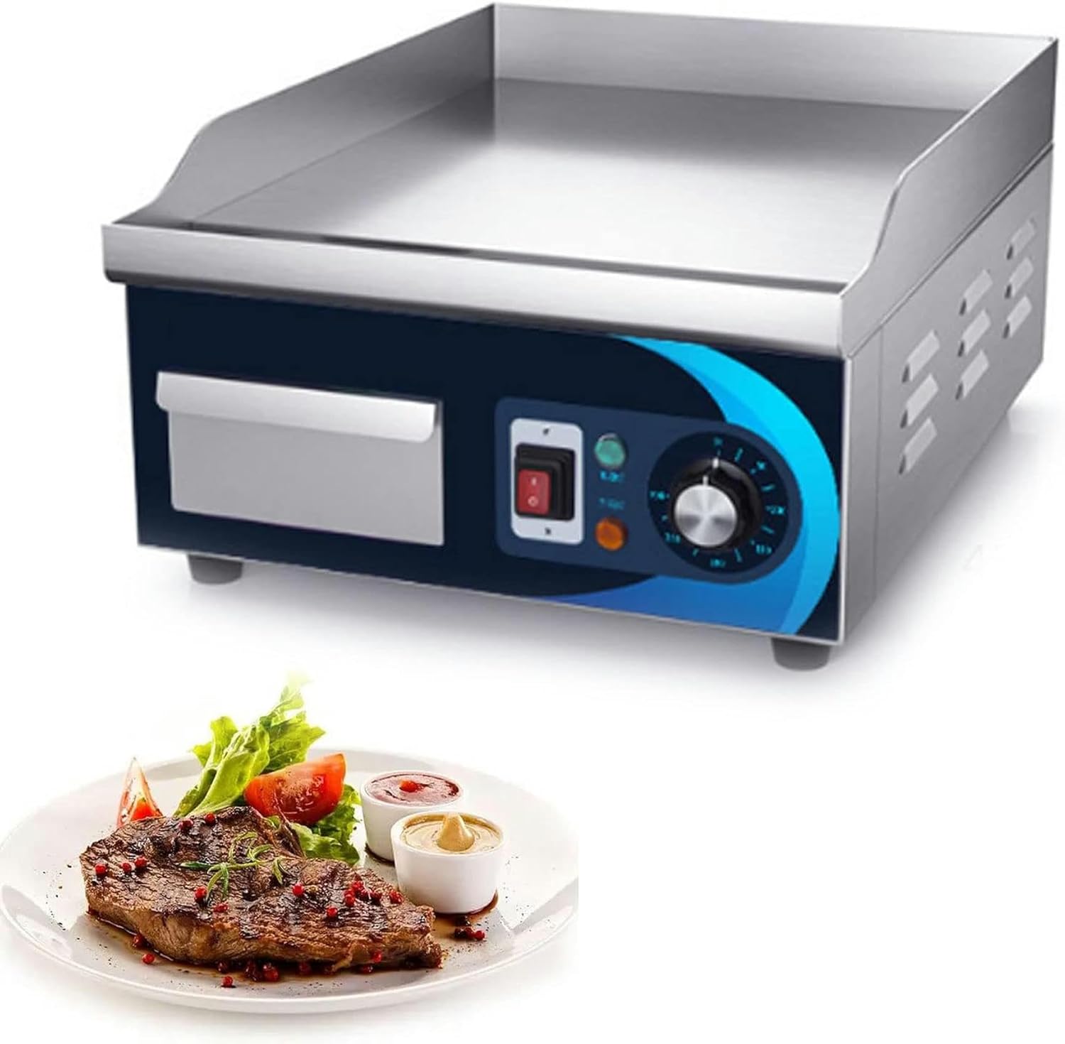 Commercial Electric Countertop Griddle, Kitchen 2000W Fried Pans, Stainless Steel Electric Griddle Countertop Hot Plate Commercial BBQ Grill for Fry Eggs, Meets, Hamburgers, Home, Barbecue