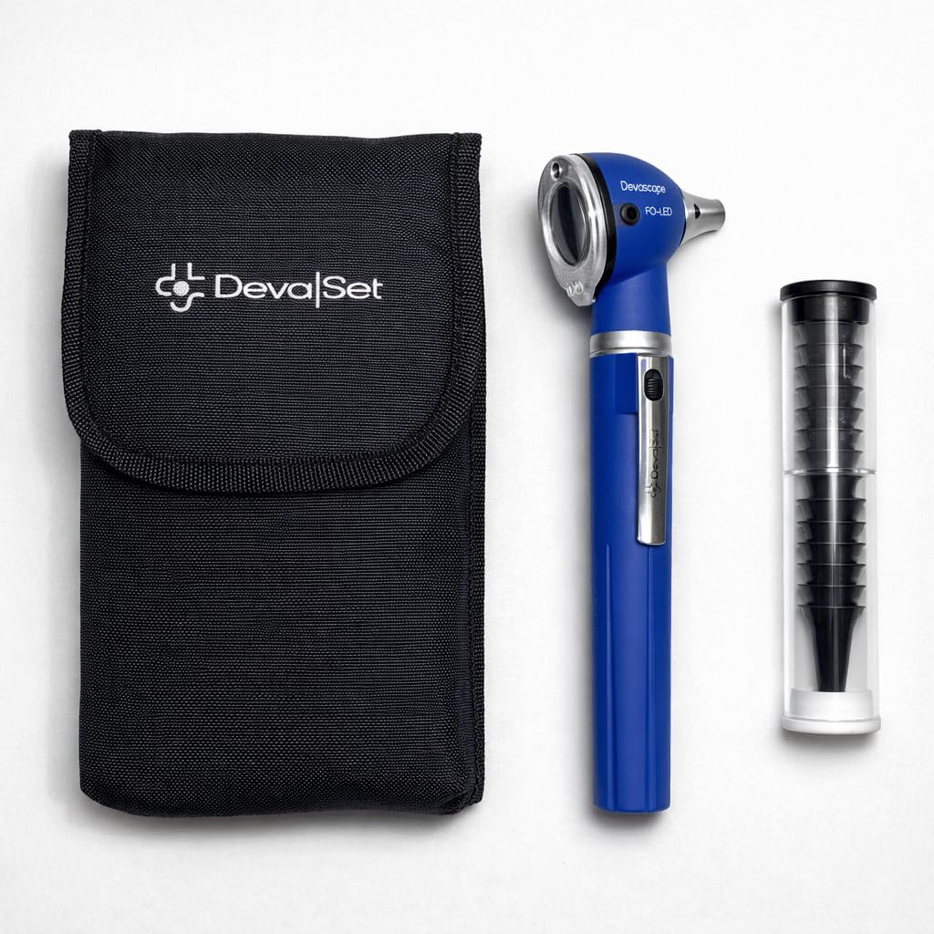 OTOSCOPE MÉDICAL DEVASCOPE – FIBRE OPTIQUE LED 50 000 LUX – LOUPE X3 – AVEC 7 SPÉCULUMS AURICULAIRES – DISPOSITIF MÉDICAL CLASSE I – DEVASET (Bleu)