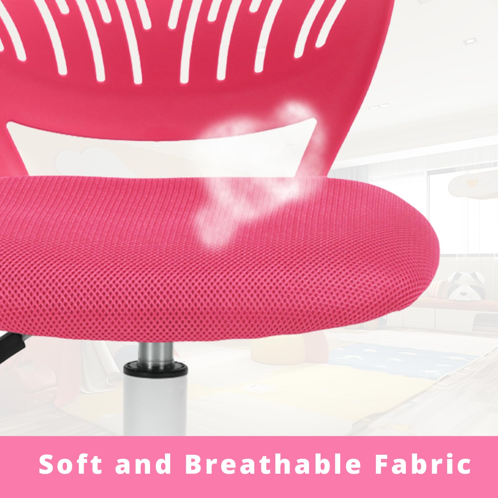 FurnitureR Silla de Oficina Adecuada para niños para Aprender en casa, Silla de Ruedas ergonómica Ajustable en Altura para jóvenes Estudiantes, diseño Rosa Vivo