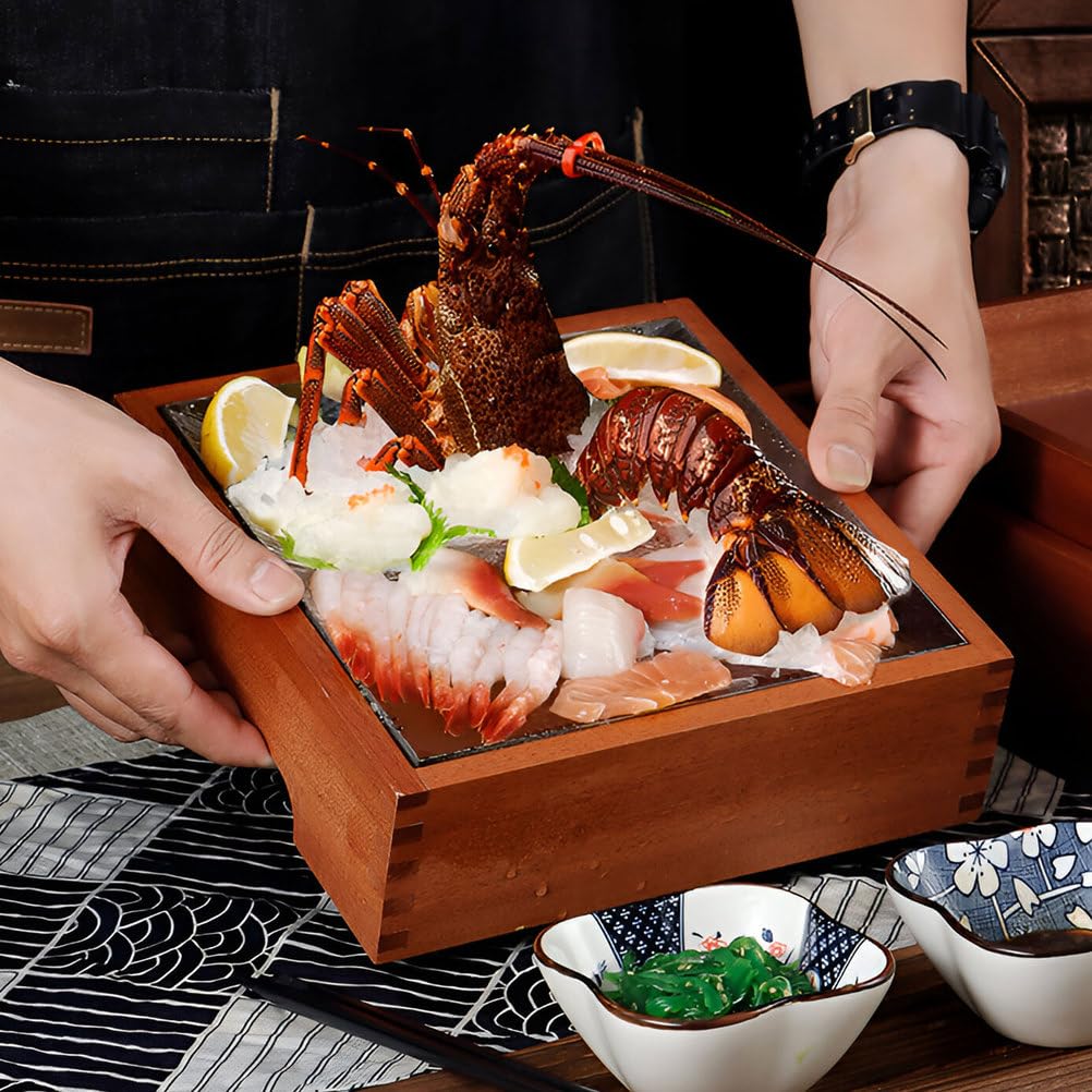 Bandeja para servir, bandeja de madera enfriada para alimentos fríos, servidor de buffet para frutas, mariscos, camarones, aperitivos, diseño rectangular