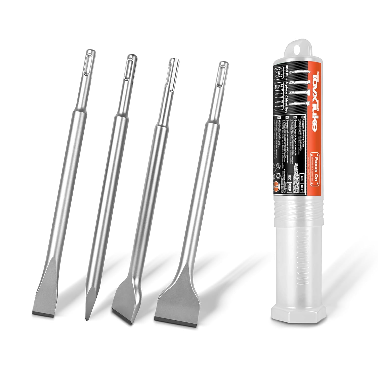 TovxTuke SDS Plus Chisel Set, 4 Piece Steel Tool Set for Tile, Flat, Pointed Chisel, Made of Super Hardened Steel