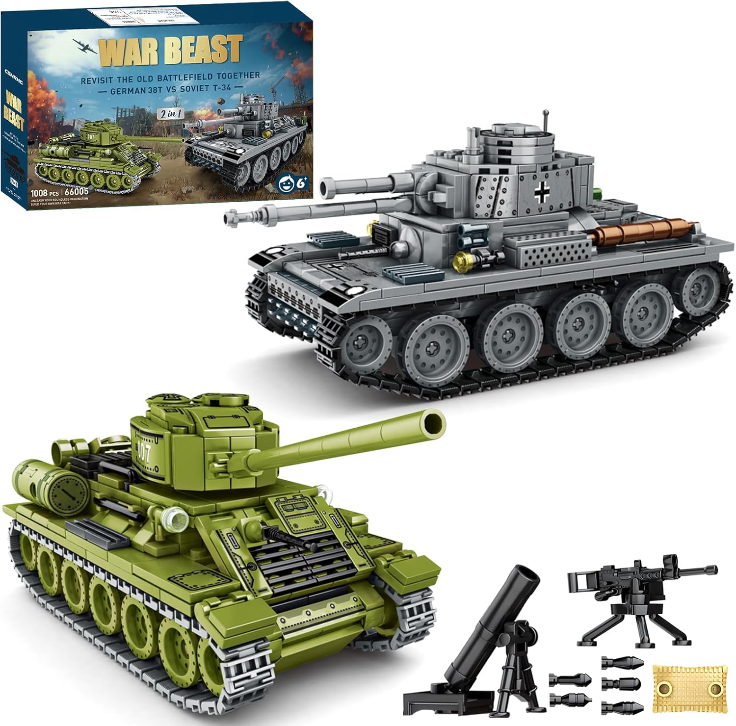 WW2 2 in 1 Army Tank Building Blocks Kit Create a German 38T & a Soviet T-34 Tank Military Toy Sets Birthday for Age 6+ Children Teens Adults 1008 Pieces