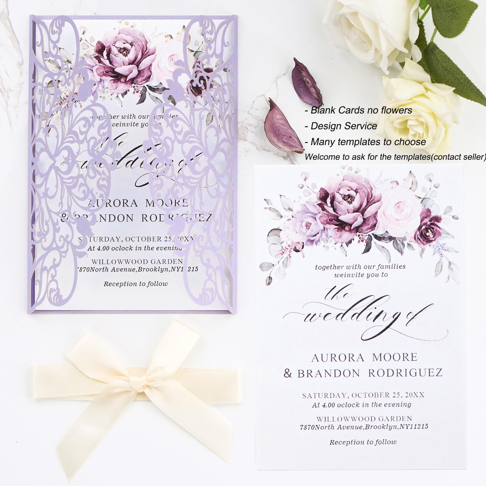 Hochzeitseinladungen mit Umschlägen und RSVP-Karten, lasergeschnitten, Violett, blanko, Hochzeitseinladungs-Set, personalisierte Quinceanera-Karte für Babyparty, Brautparty, Abschlussfeier, 16