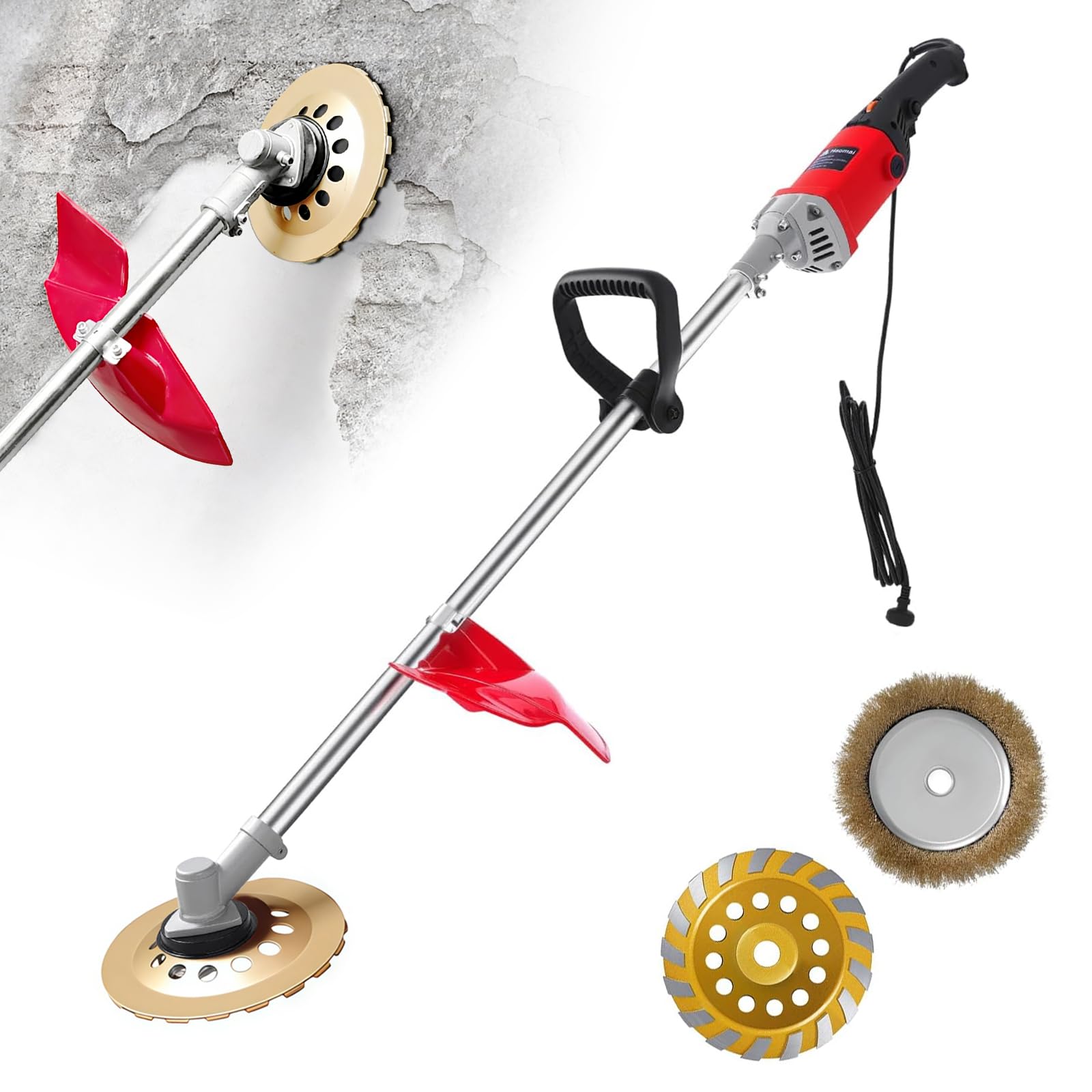 Betonschleifer mit 1,5 m Langer Handgriff, 2800W Betonschleifer Trockenbauschleifer Schleifpolierer mit Schutzhaube, mit 180 mm Schleifteller, 200 mm Topfbürste, für Beton, Wände Und Metallentrostung