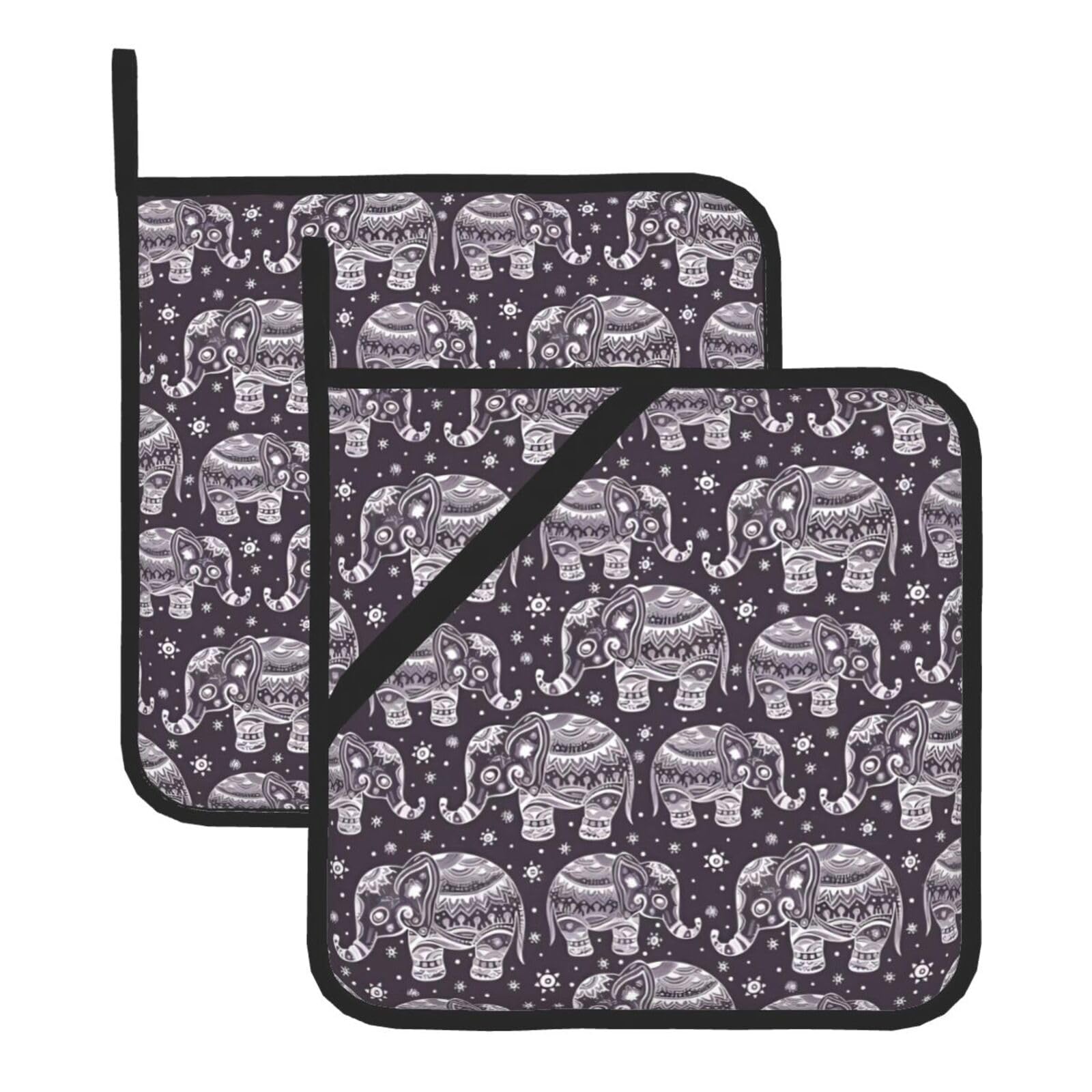 WHJDPP Cartoon Cute Elephant Prints Square Hot Pads for Kitchen - Waterproof Pot Holders Set of 2, Durable Trivets with Pocket & Hanging Loop for Hot Dishes & Oven Use