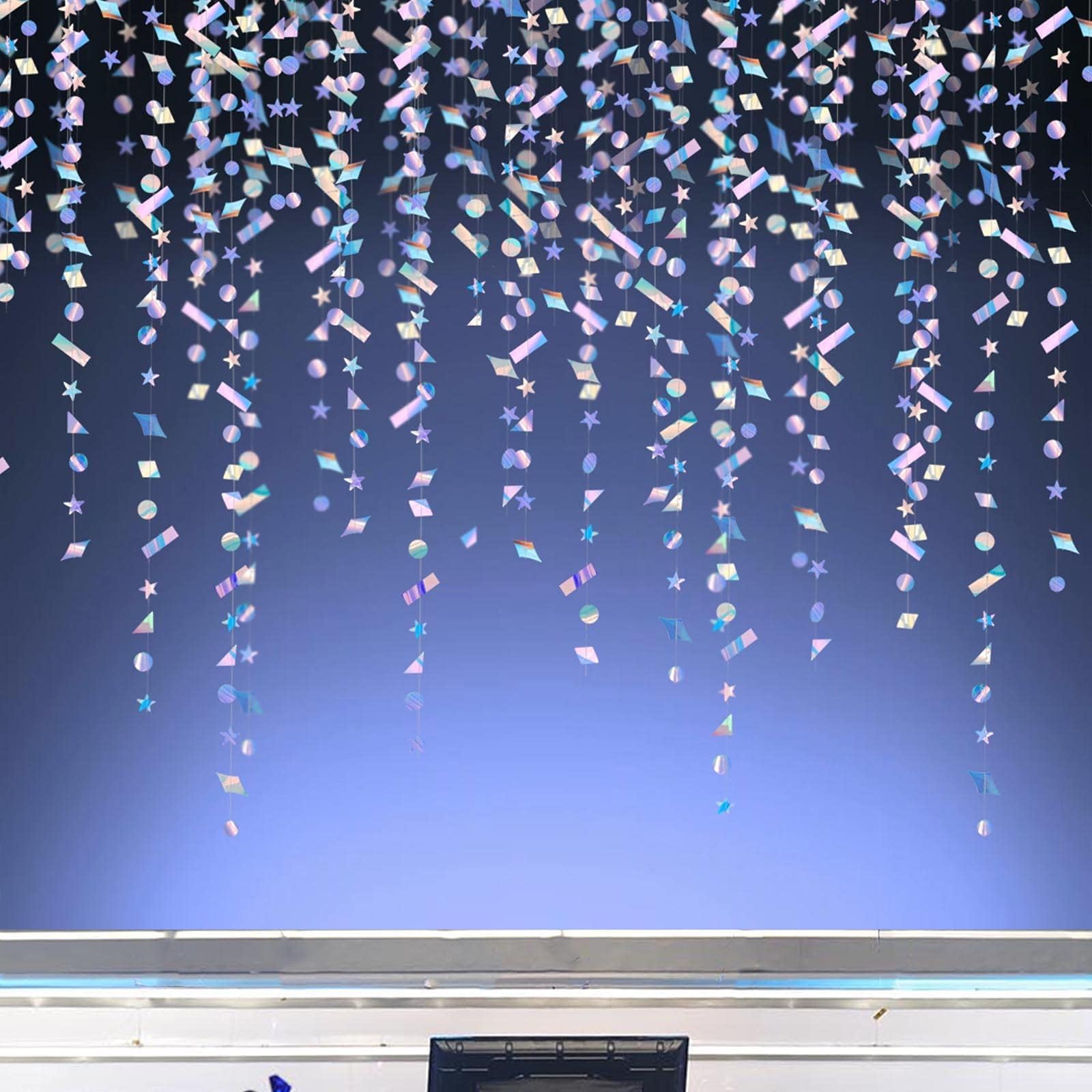 Cheerland Iridescent Confetti Garland Holographic Party Decorations Sparkle Streamers Hanging Star Banners for Birthday New Year’s Eve Disco Party