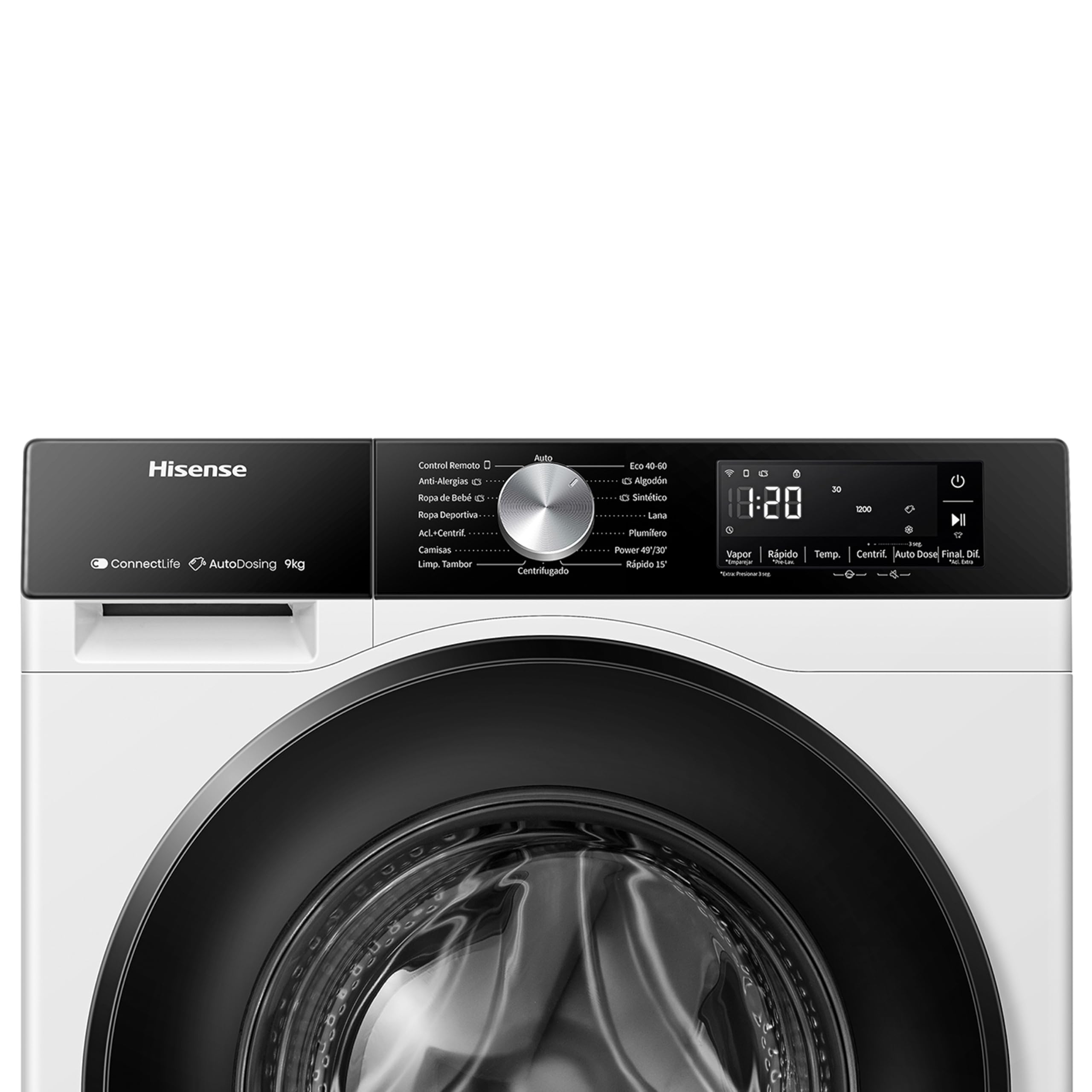 Hisense WF3S9045BW3 - Lavadora con Vapor, Clase A, 9kg, Auto Dosificación, Conectividad WiFi, Función Vapor 99,9%, Lavado Auto Wash, Lavado Rápido 15', PureJet, Blanco