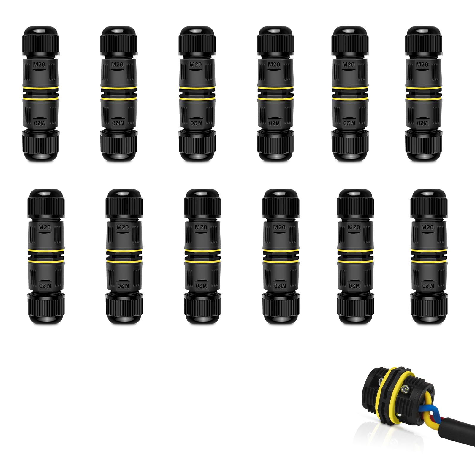 NineLeaf Waterproof Electrical Connector, 12PK 3-PIN M20 Extension Cable Protector for Diameter Ø5-12mm, Outdoor Power Joint for Garden, Water Pond Lights