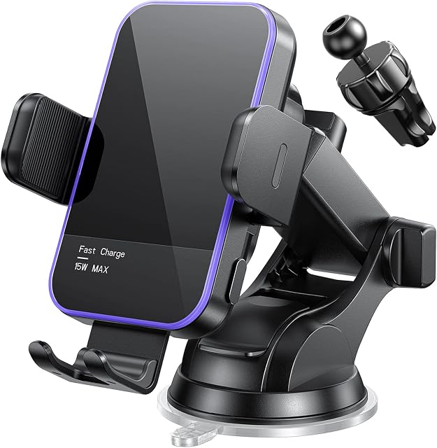 Wireless Car Charger,【7 Colored LED Backlit】 Mosurr 15W Auto Clamping Phone Holder Car Mount Charger for iPhone 16 15 14 13 12 Mini Pro Max 11, Samsung Galaxy S24 Ultra S23 S22 S21+ S10+ Note 20, etc