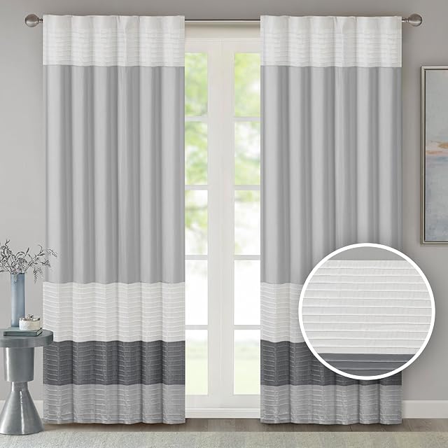 Madison Park Madison Park Window Curtain Faux Silk, 1 Panel, Room Darkening 50x84 Grey | Elegant Pleats Rod Pocket & Back Tab Curtains for Living Room, Privacy Window Drape for Bedroom and Dorm, Amherst, Grey, 50"W x 84"L (Pack of 1)
