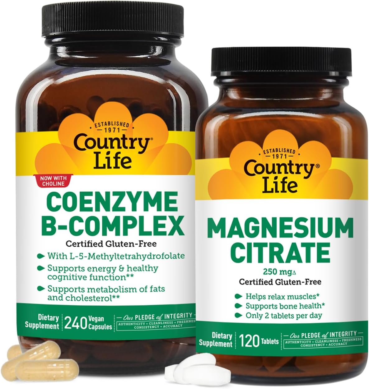 Country Life Coenzyme Vitamin B Complex Caps 240 Capsules and Magnesium Citrate 250 mg, 120 Tablets Bundle