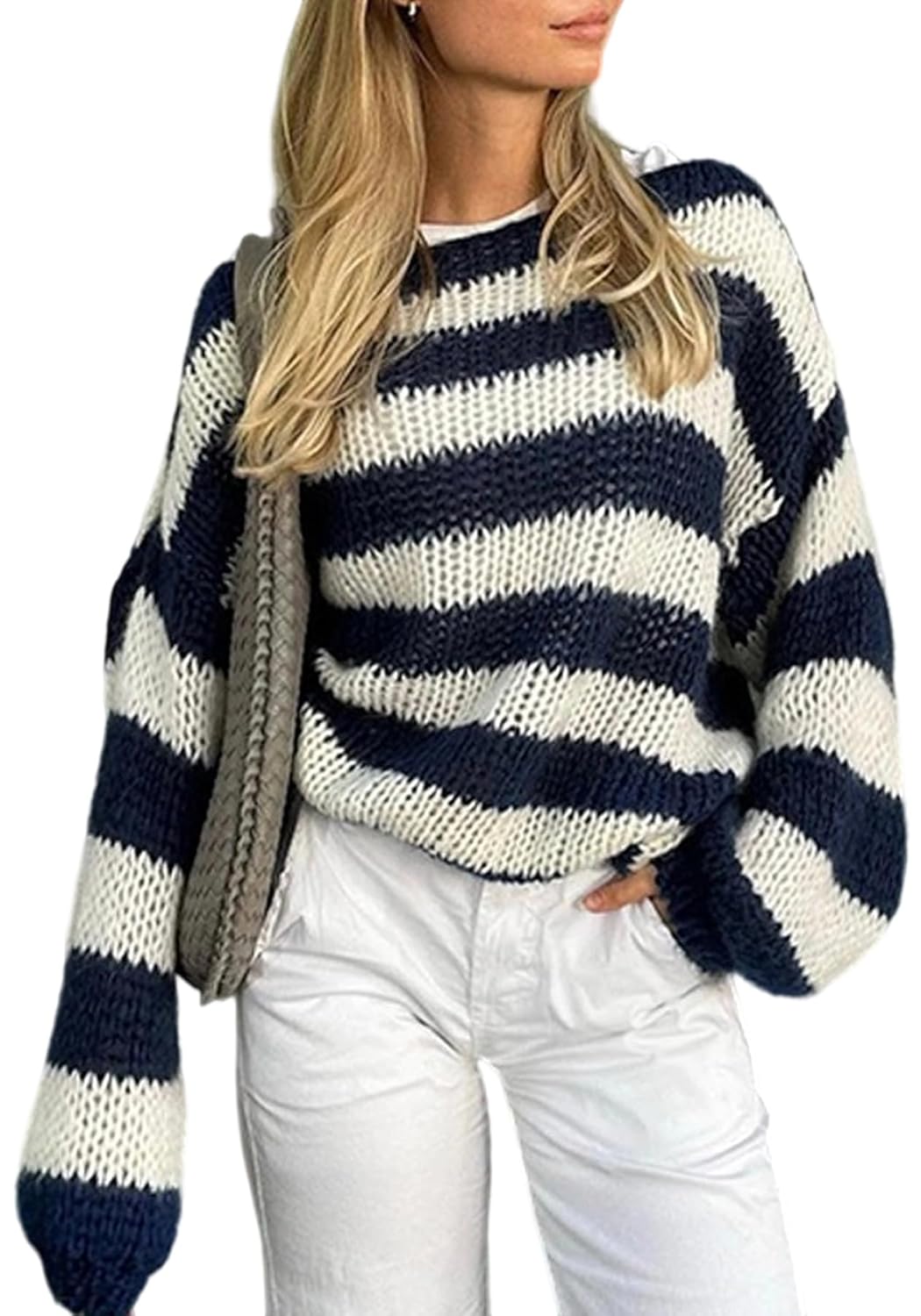 Geulis Womens Knit Striped Sweaters Color Block Long Sleeve Sweatshirt Loose Pullover Trendy Cute Sweater