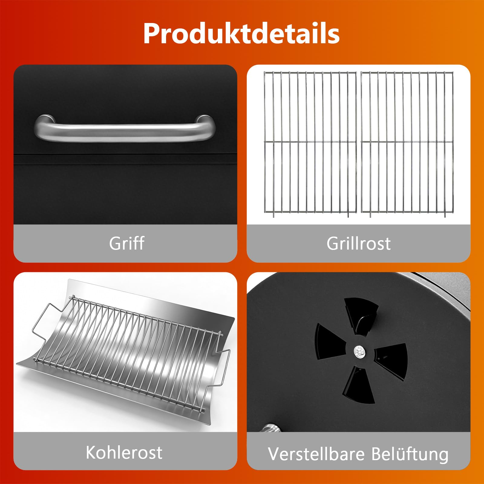 Holzkohlegrill mit Thermometer, Barrel-Design, Schwarz