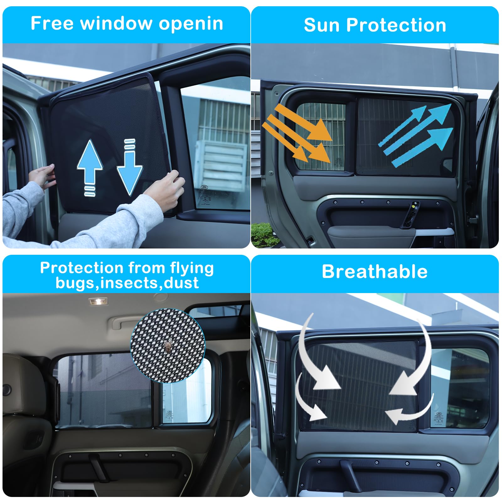 Lot de 4 pare-soleil de fenêtre de voiture pour @Land R&over Defender 110 130 - Accessoires 2020-2026 - Extensibles et respirants - Protection UV - Pour bébé, famille, animal de compagnie, (côté