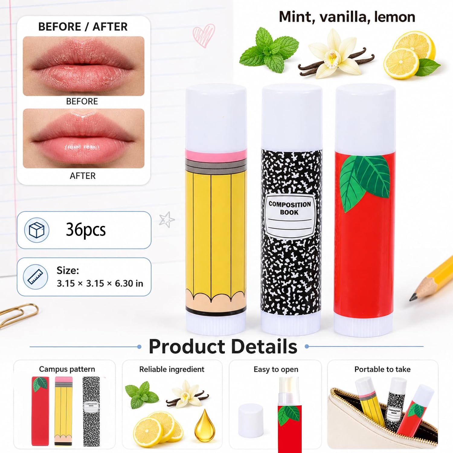 36 Pack Lip Balm Gift Set, Teacher Appreciation Bulk Lip Balms with Individual Gift Boxes, Mint Vanilla Lemon Flavors, Appreciation Party Favors for Teachers Students Graduation Back to School Events image 2