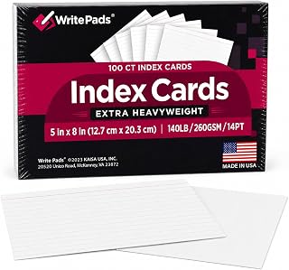 WRITEPADS 5x8 Index Cards, 100 Count, Heavyweight 110LB/260GSM 14PT Thick Note Cards, Ruled Front & Blank Back, Large Study Flash Cards for School, Office & Recipes, Made in USA