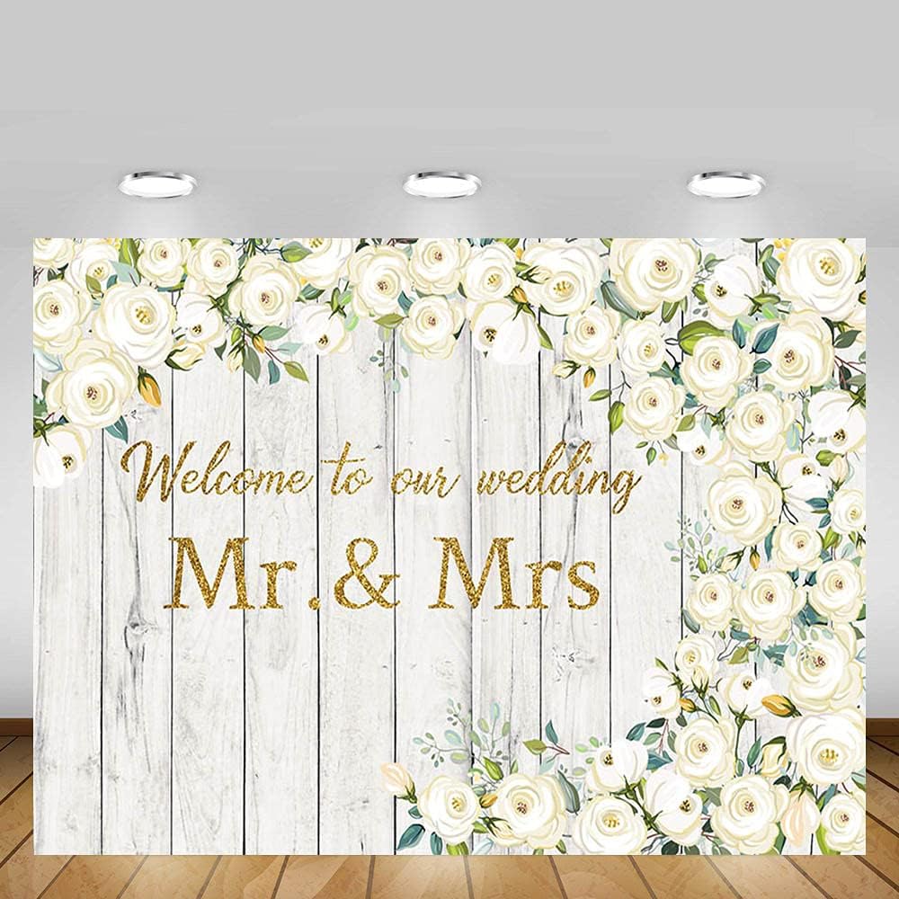 MEHOFOND 7x5ft White Rose Flower Backdrop for Wedding Decoration Welcome To Our Wedding Floral Retro Wood Wall Bridal Shower Party Banner Portrait Photography Background Photo Booth Vinyl - Image 5