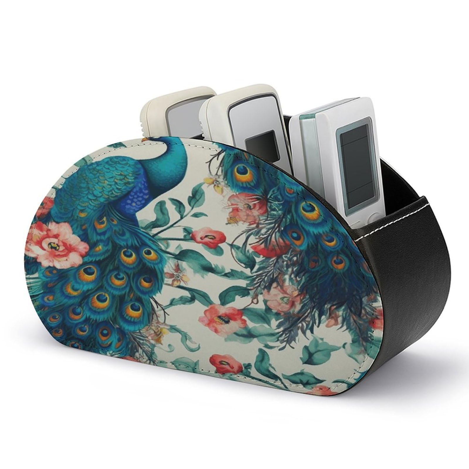 VstaDank Beautiful Peacock Flowers Remote Control Holder with 5 Compartments PU Leather Remote Caddy Desktop Organizer Store TV Remote Control Storage Box for Home Office Desk Nightstand
