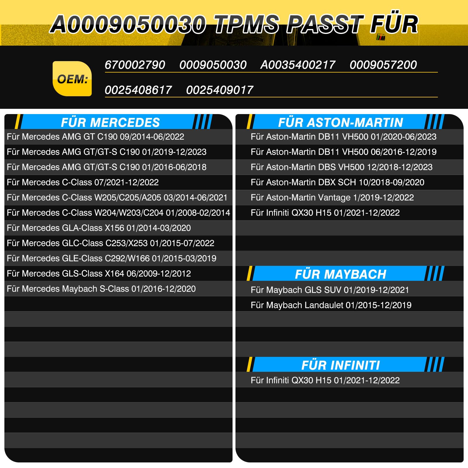 Lot de 4 capteurs de pression des pneus RDKS pour Mercedes Benz C/CLA/GLA/GLC/CLS/E/S/GLE Système de contrôle de la pression des pneus pour capteur TPMS W176 W205 C207 W212 A0009050030