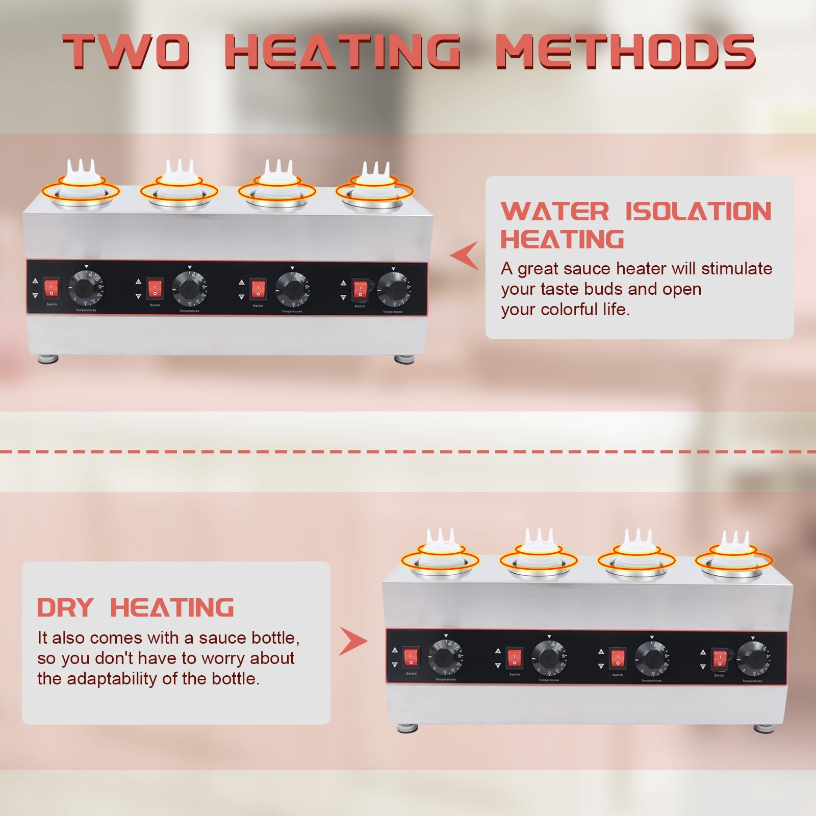 Countertop Electric Sauce Warmer Dispenser,4 Sauce Bottles 650ML Stainless Steel Sauce Dispenser Nacho Cheese Ccaramel Jam Heat Preservation Machine Pump Dispenser 30-85? Adjustable 110V