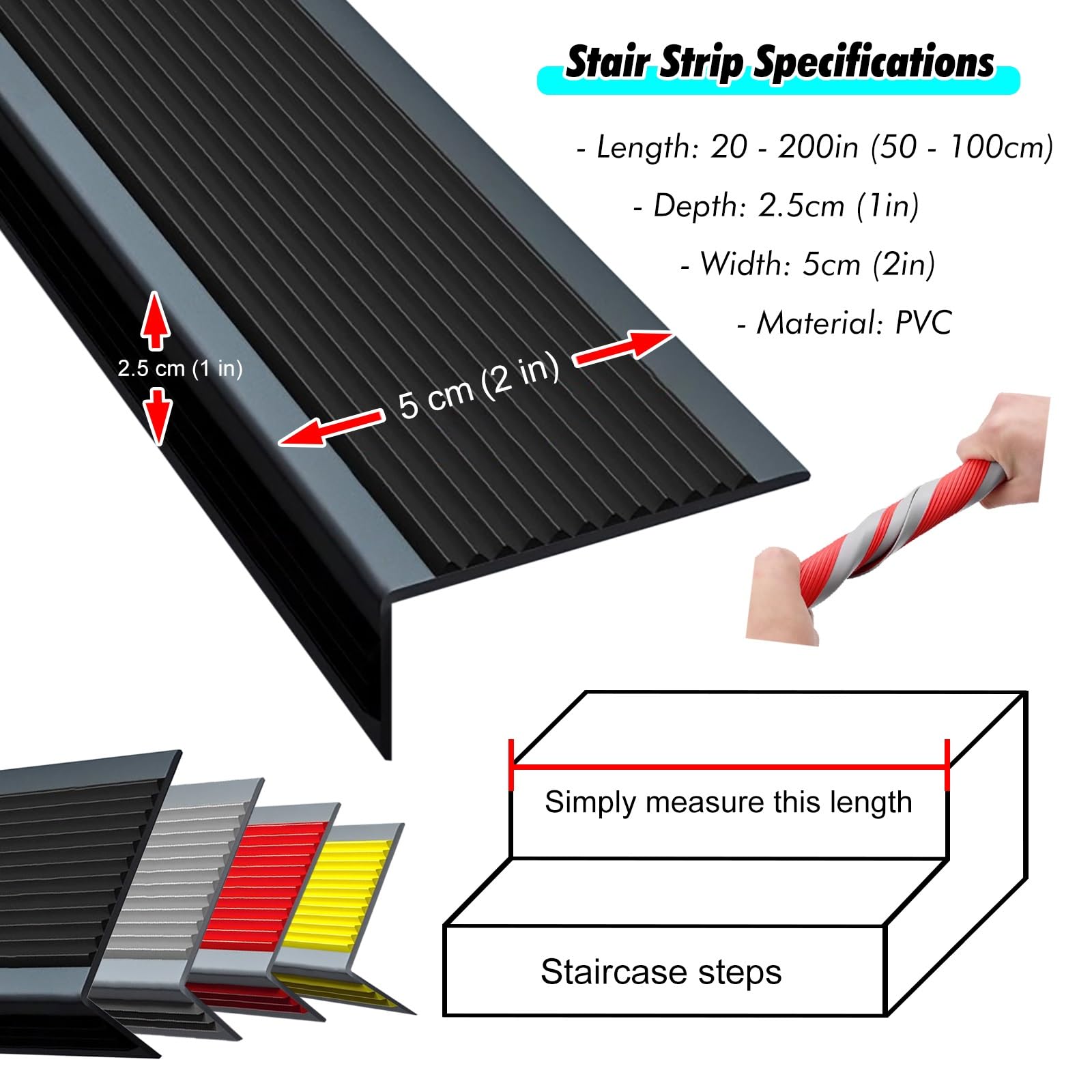 Profilo per Bordi Scala Striscia di transizione antiscivolo per bordatura scale, strisce di protezione per gradini, 50, 127, 228, 330, 406, 508 cm, modanatura flessibile per scale per(Gray,30in/76cm)