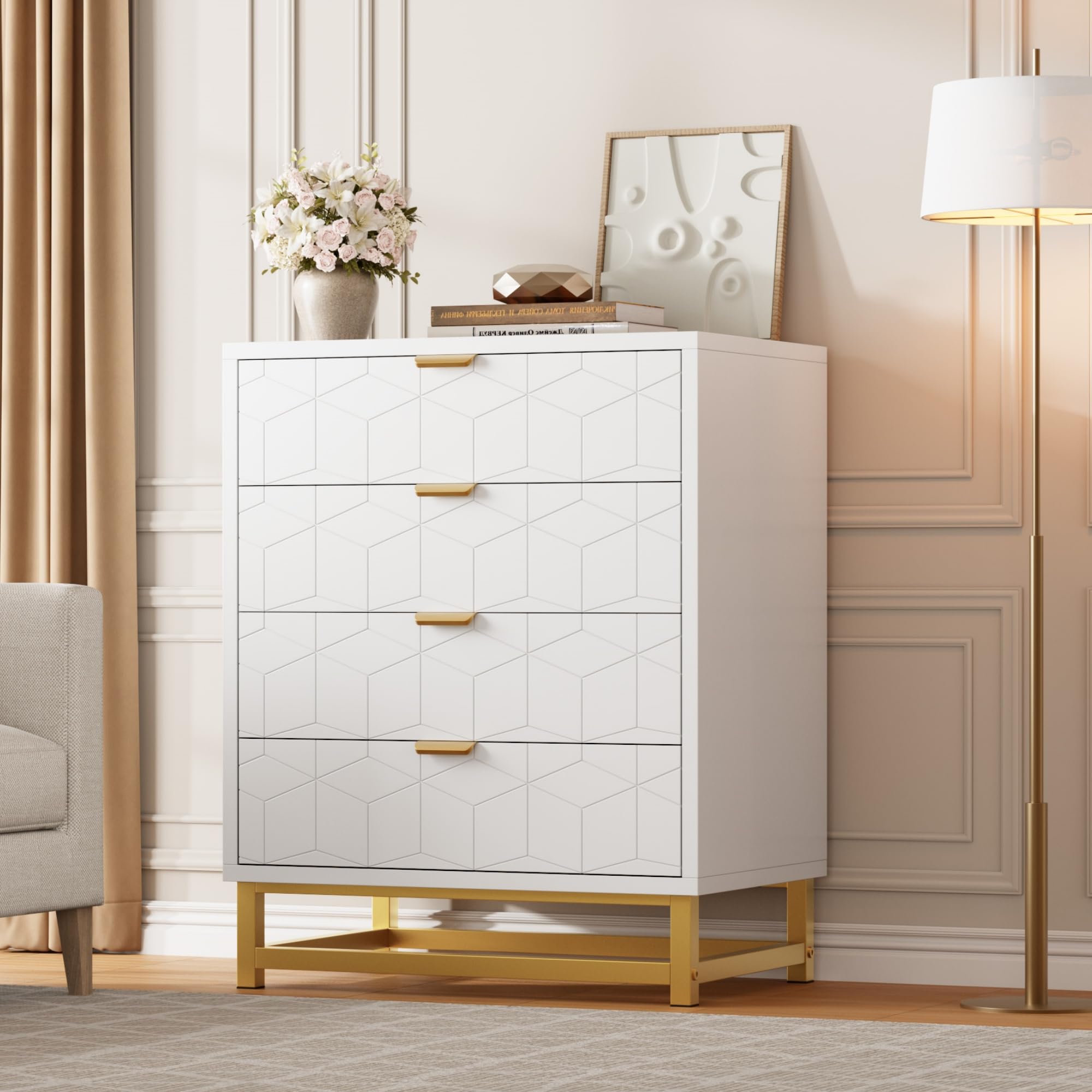 White Dresser, 4 Drawer Dresser for Bedroom, Modern Dressers with Gold Metal Handles for Living Room, Hallway, Entryway
