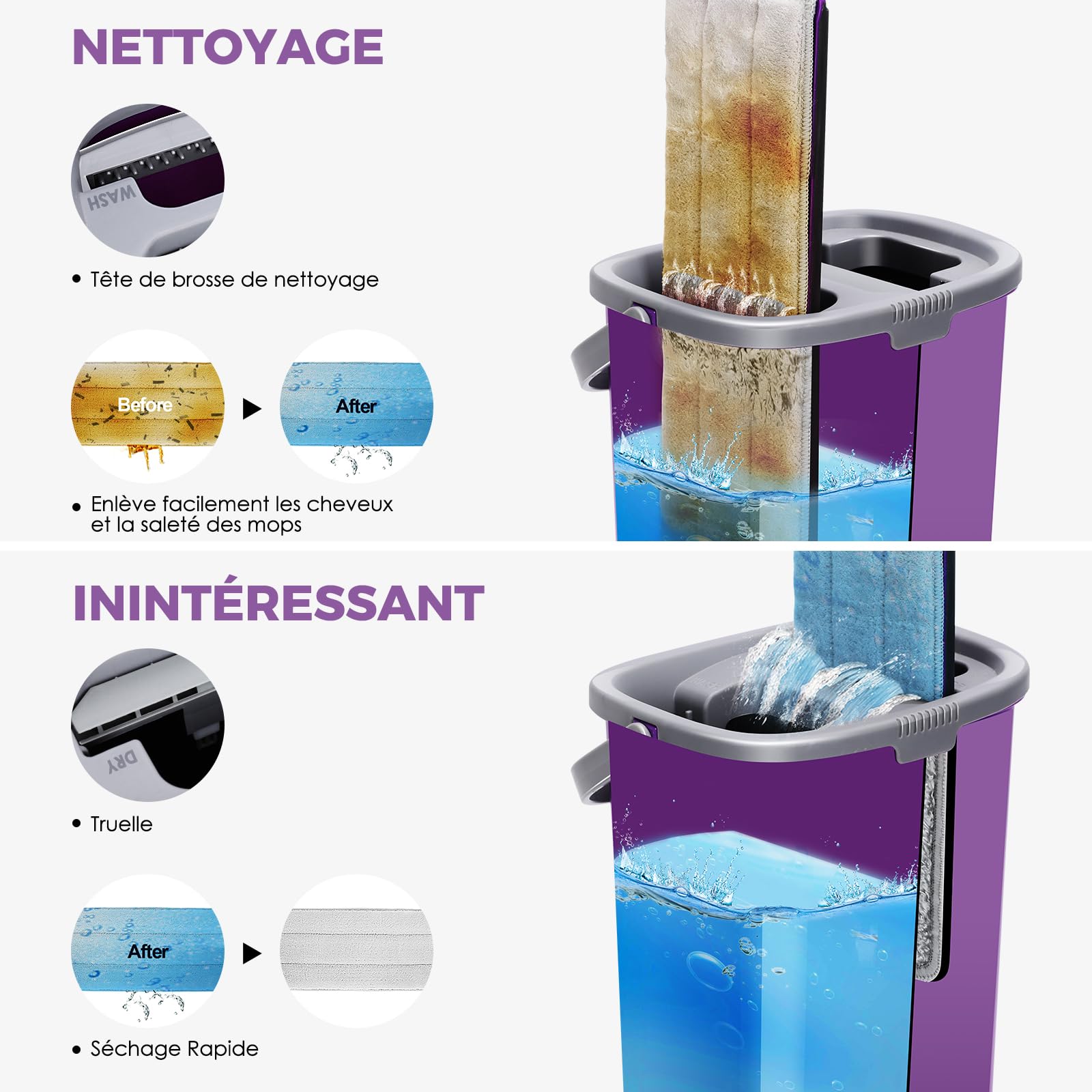 HEVOL Balai Serpillère Essoreur avec Seau, Balai Serpillère Autonettoyante avec 5 Tampons Réutilisables, Balai Plat Microfibre Rotative 360° pour Nettoyer Sol, Violet