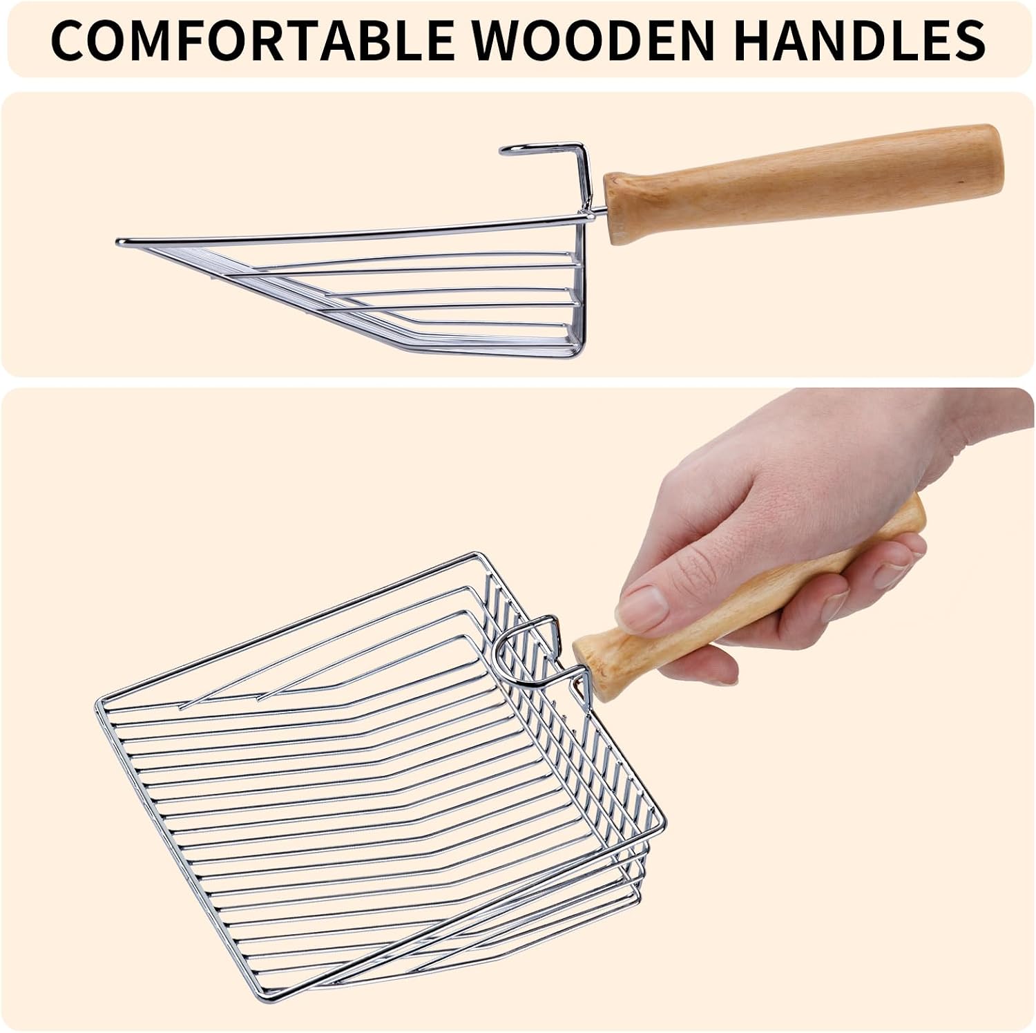 DHXYZZB Metal Cat Litter Scoop with Holder - Heavy Duty Litter Scooper & Speed Sifter with Comfortable Wood Grip - Washable Convenient Stand for Easy and Efficient Cleaning