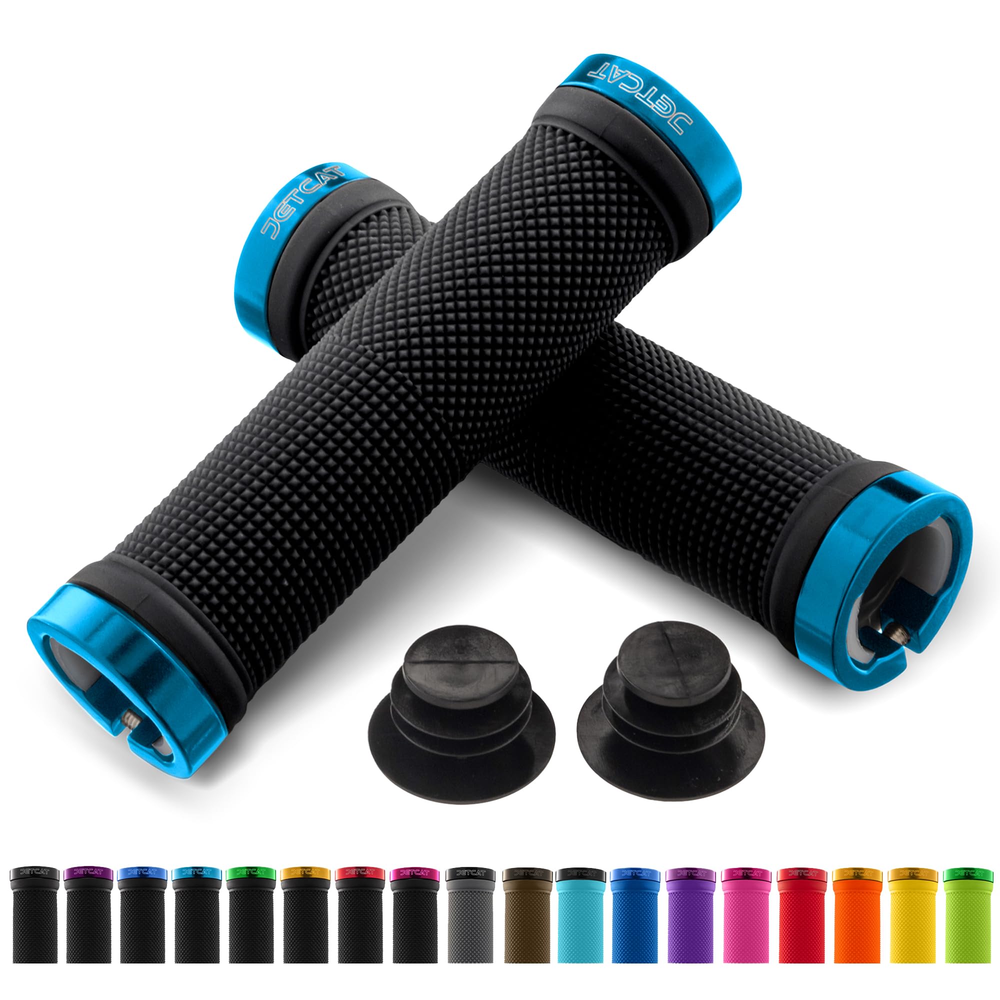 JETCAT Bike Grips, Bike Handlebar Grips, Mountain Bike Grips Handlebar, MTB Grips, Bicycle Grips BMX grips, Bicycle Handlebar Grips Handles for Adults. Ebike, MTB, Scooter, Lock on, Black/Light Blue — image 1