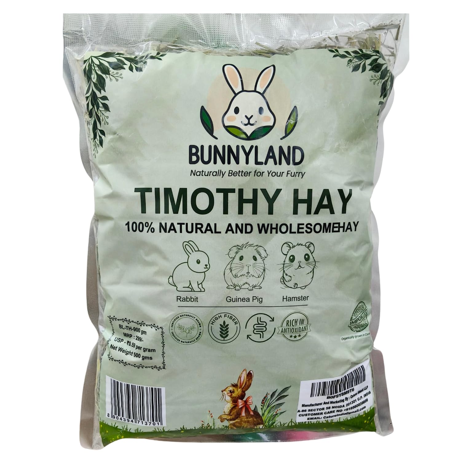 Bunnyland Timothy Hay for Rabbits, Guinea Pigs and Hamsters for All Life Stages | 100% Natural | HIGH Fiber Food (900 Grams)