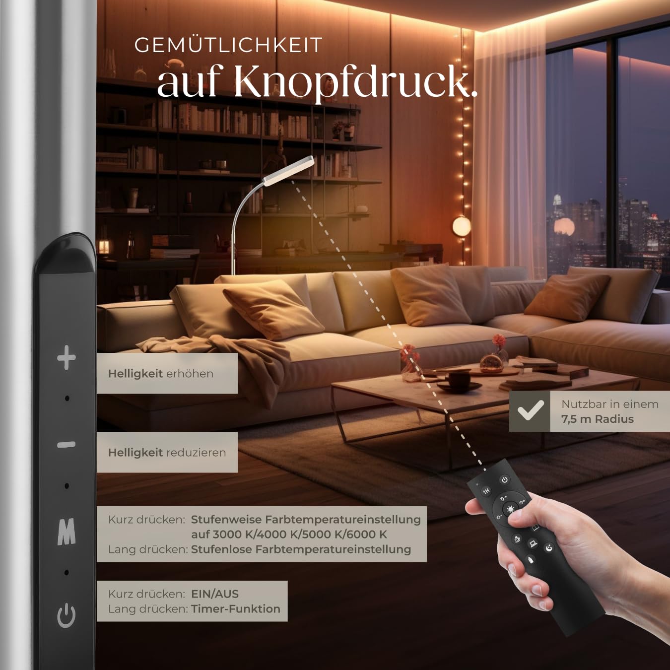 tectake® LED Stehlampe, Schwanenhals Lampe, Standleuchte dimmbar, modern, mit 5 Lichtmodi, Beleuchtung für Wohnzimmer, Kinderzimmer, Bett, als Leselampe oder Schreibtischlampe - silber