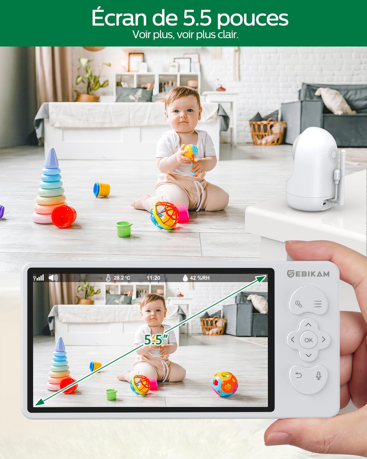Babyphone Vidéo 5,5 Pouces 2K 3MP HD, FHSS & WiFi avec App | Batterie 4000mAh, Vision Nocturne, Audio Bidirectionnel, Mode VOX, Rotation 355°, Surveillance Température, Berceuses