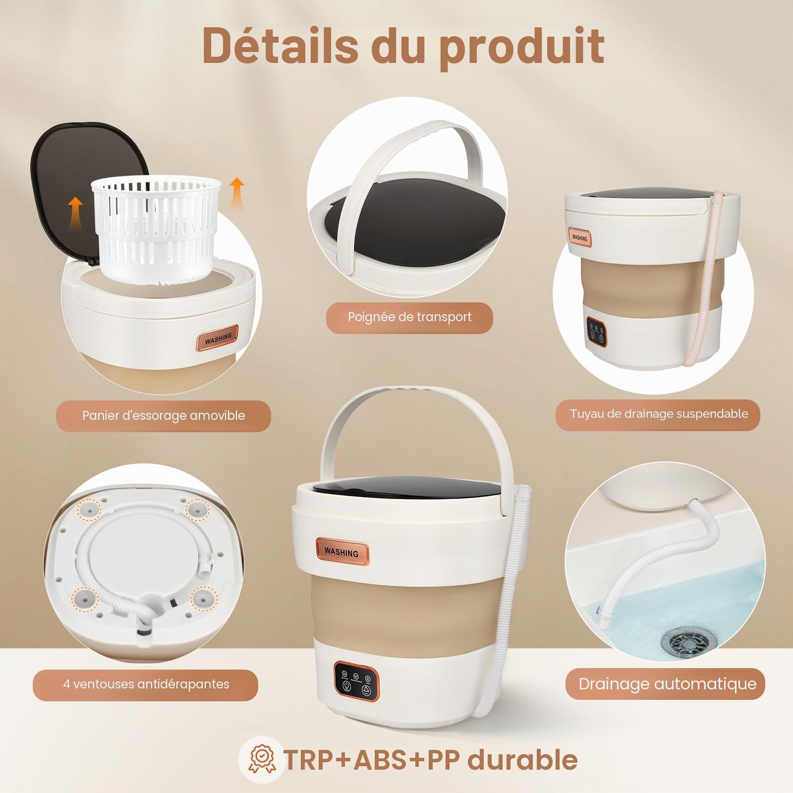 Machine à laver compacte pliable 15 l avec 3 modes de nettoyage et fonction d'essorage, économie d'eau et d'énergie, idéale pour appartements, vêtements de bébé, intérieur et animaux domestiques