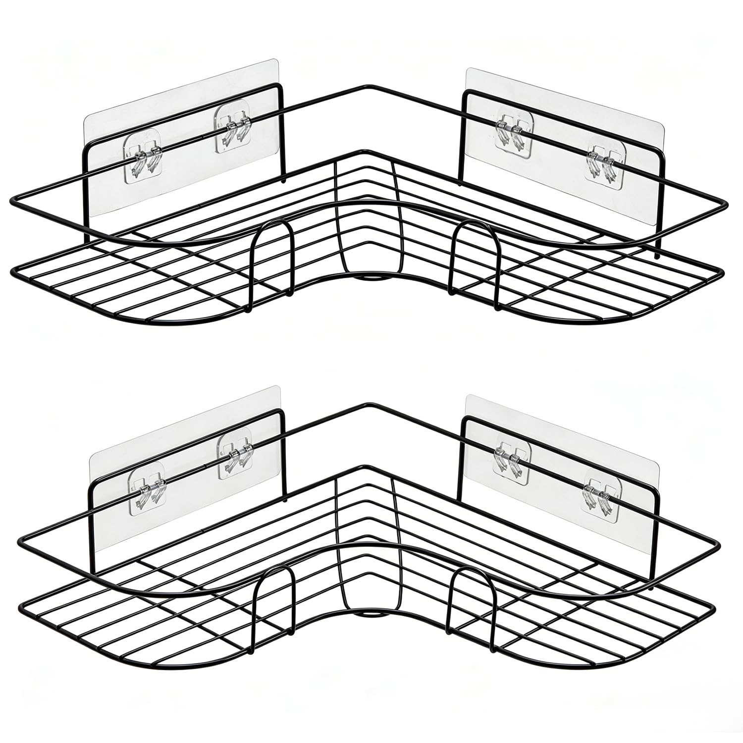 Moonlit Pond Corner Shower Caddy 2 Pack, Adhesive Shower Corner Organizer Shelves, No Drilling Stainless Steel Shower Storage Rack with Hooks&Toothpaste Holder for Bathroom, Dorm and Kitchen (Black)