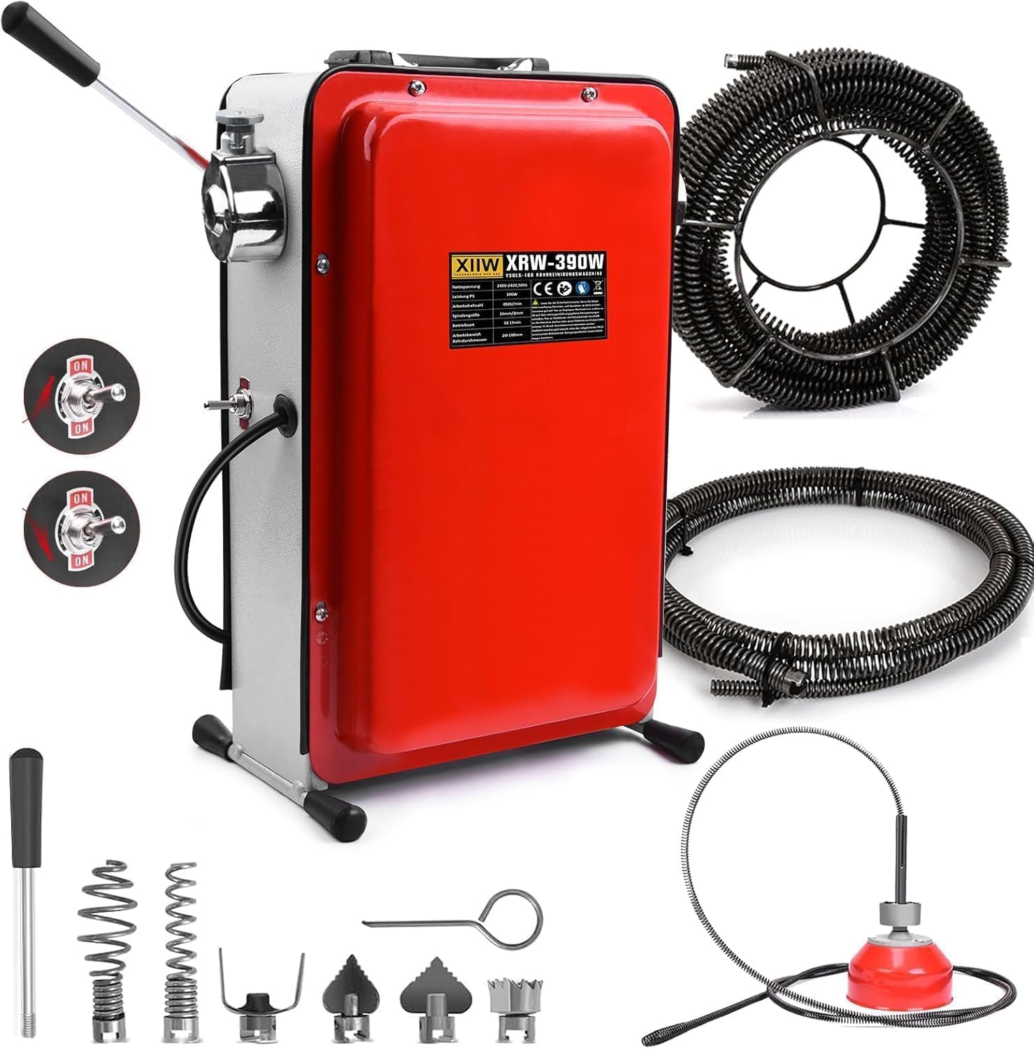 16mm 14,5M Spirale, 390W Elektrisch Rohrreinigungsmaschine für Ø20-100mm Rohrleitungen, Rohrreinigungsgerät 450U/min, Rohrreinigungsspirale Ø8mm 10M, Rohrreiniger Abflussreiniger Reinigung Drain Clean