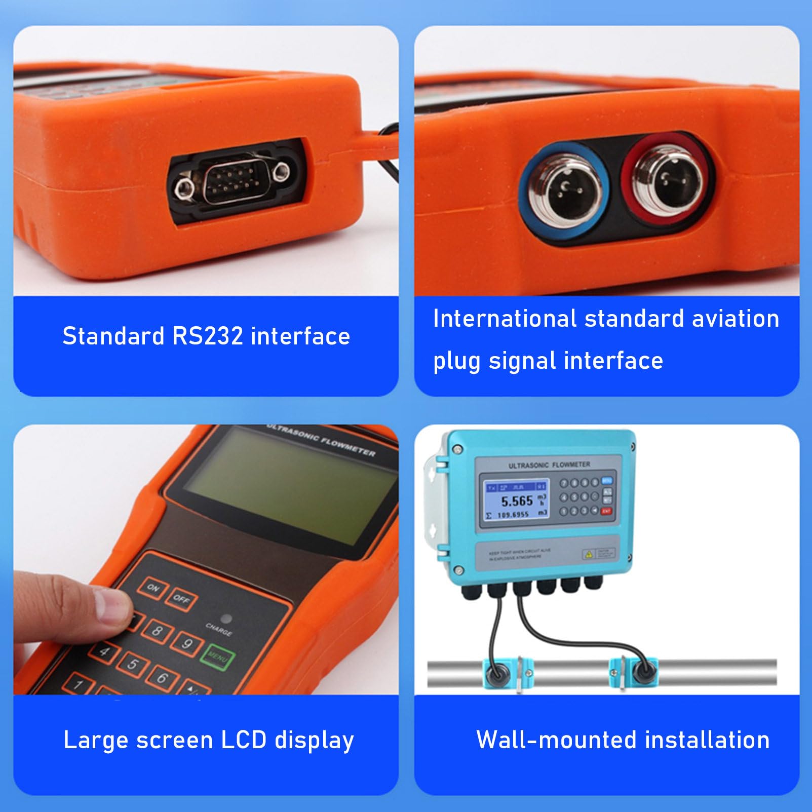 Medidor de Flujo Ultrasónico Portátil de Mano Con Sensor de Abrazadera (DN15-DN6000 mm) Medidor de Flujo de Agua Con Transductores de Abrazadera Para Uso Industrial,DN100