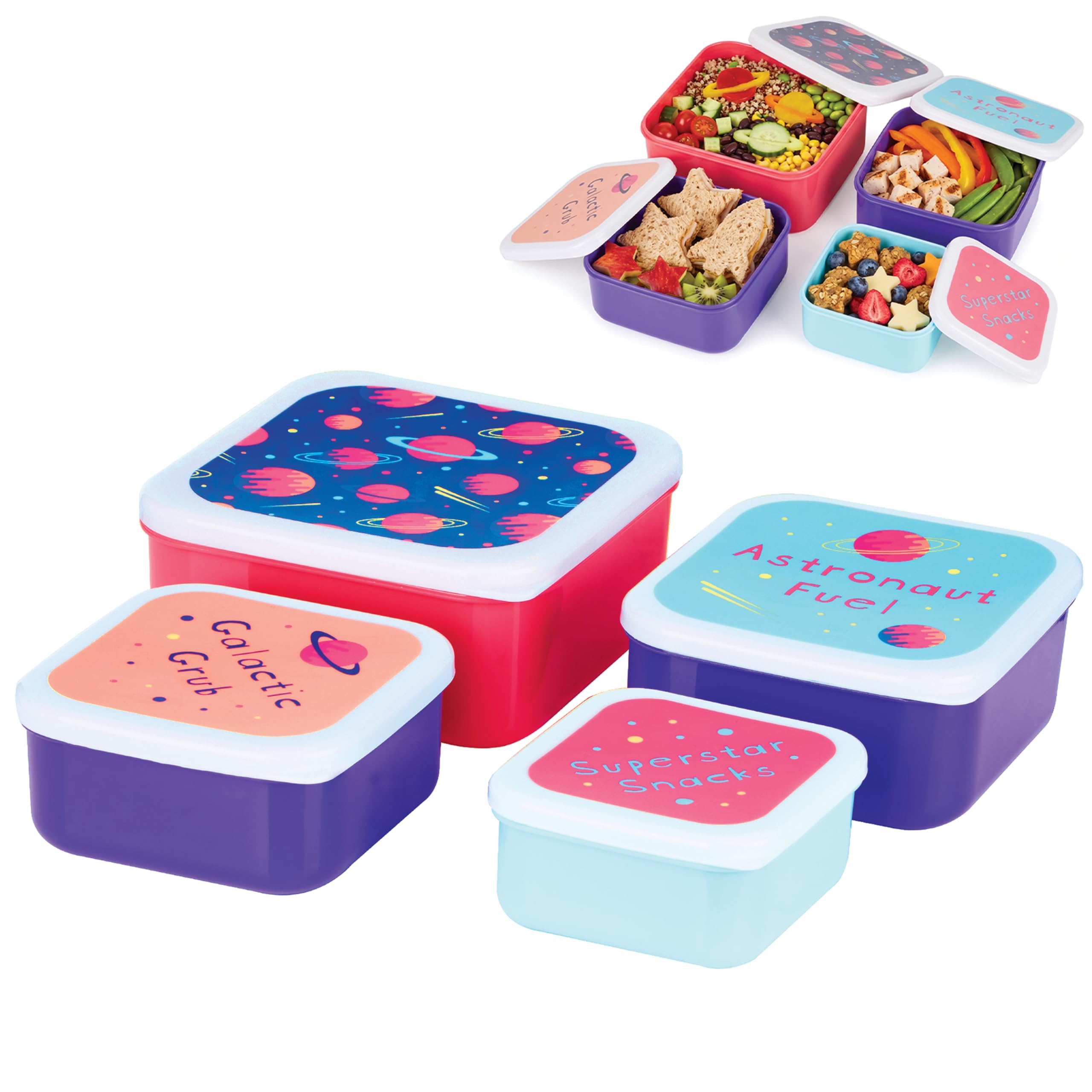 Premier Housewares Stackable Set of 4 Space Design Lunch Boxes | Vibrant Bento Lunch Box for Travelling | Durable Box with Compartments for Kids School | Convenient Lunch Box