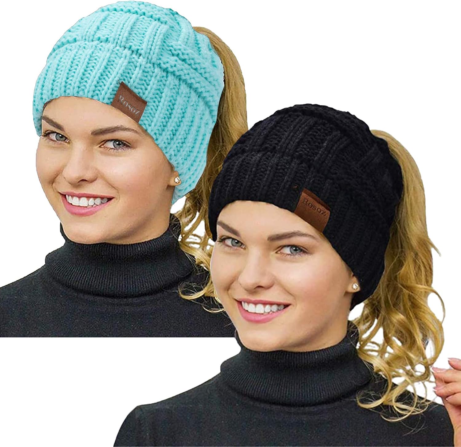 Rosoz Womens Ponytail Beanie Winter Beanie Hat Ponytail Hatfor Women Tail Stretch Cable Knit Cap Messy High Bun Hat