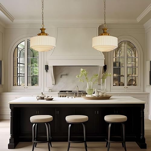 Miniatura 8 de Lámpara colgante de vidrio de leche de latón vintage, candelabro de vidrio plisado blanco de 13.8 pulgadas, luces colgantes antiguas, para