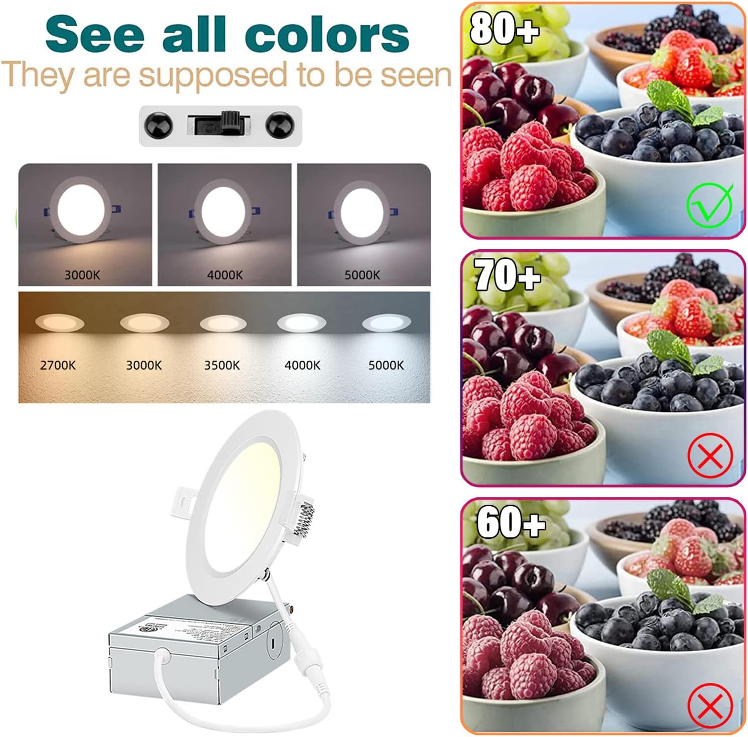 12-Pack LED Ultra-Thin Ceiling Light,Recessed Lighting 4 Inch with Junction Box,5CCT 9W(80W Eqv) 750LM Dimmable LED Downlight