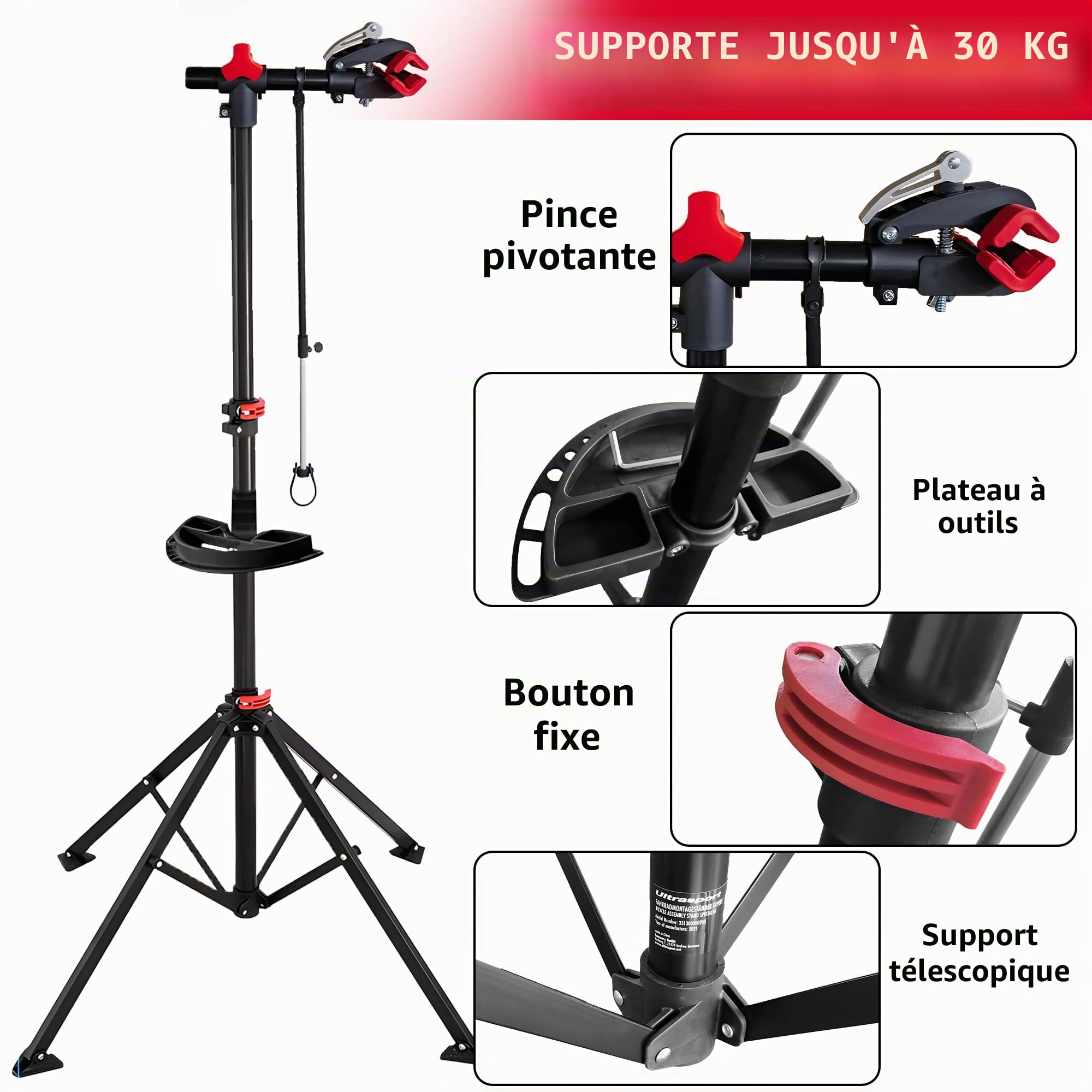 Pied d'Atelier Vélo Professionnel,Banc de Travail Réglable en Hauteur | Support de Réparation Pliable avec Plateau à Outils - Pince Pivotante à 360 Degrés - Pour la Plupart des Vélos