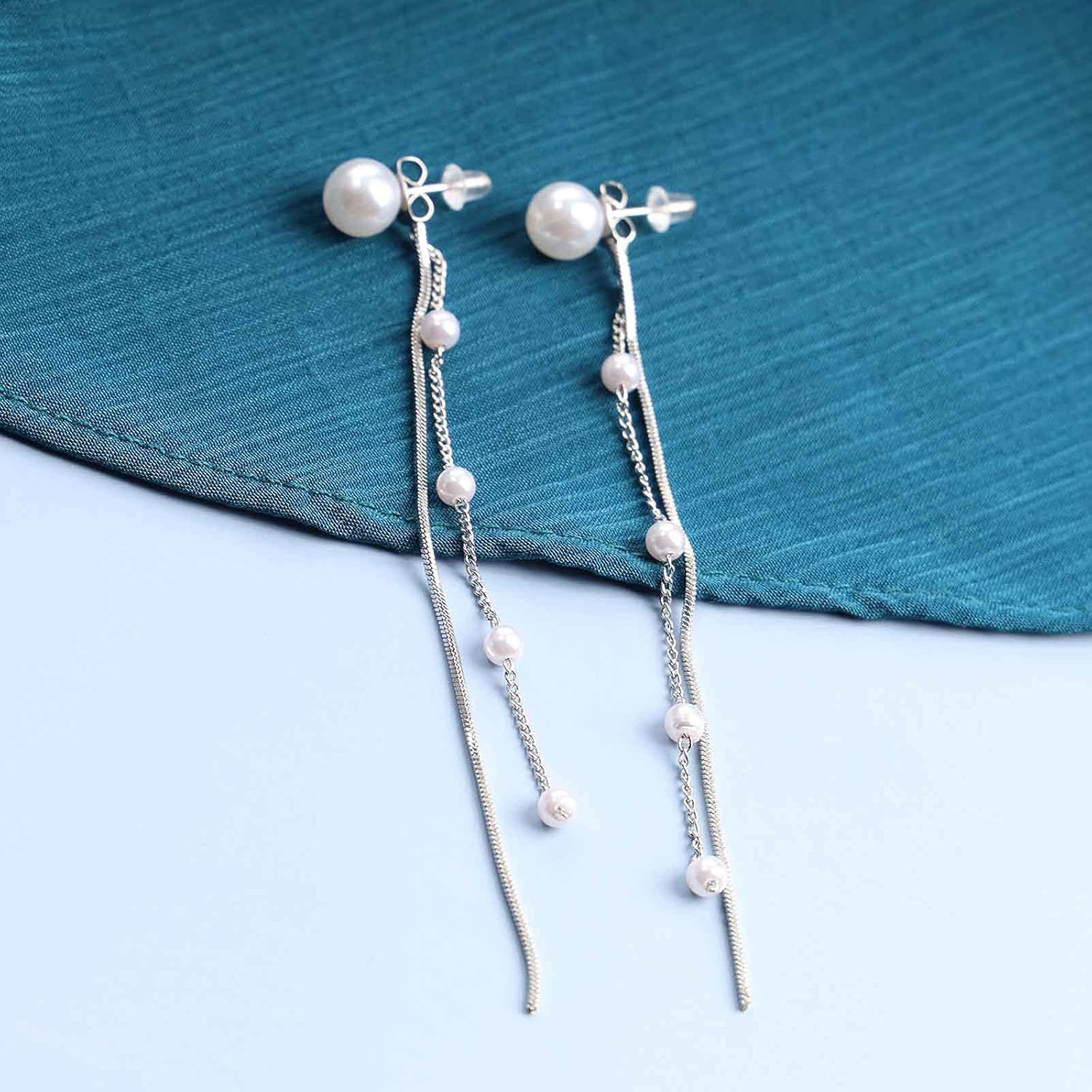 Andelaisi Boho Pearl Drop Earrings Silver Long Pearl Tassel Earrings Vintage Pearl Chain Earrings Tiny Pearl Dangle Earrings Jewelry for Women - Image 5