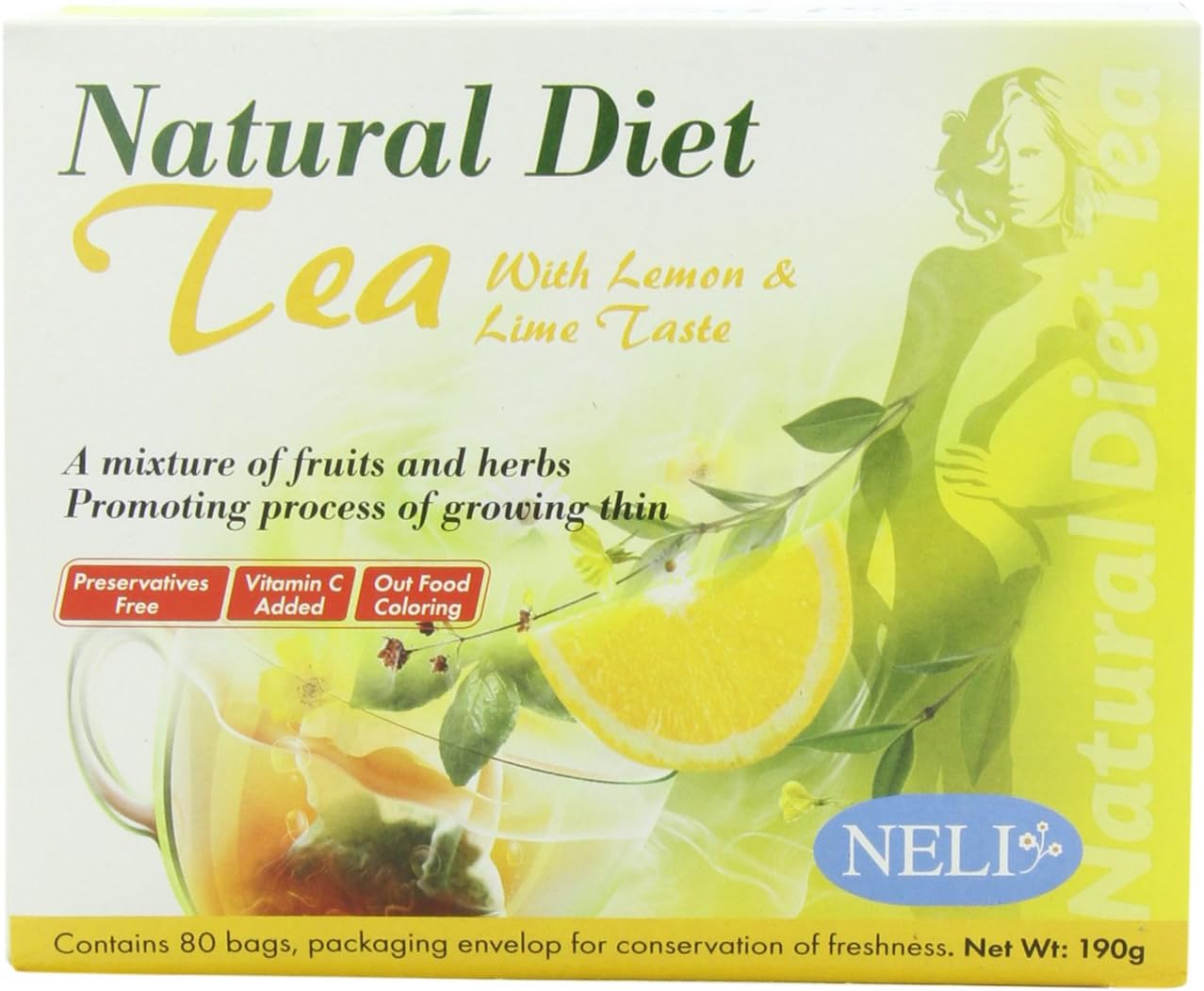 Neli Natural Diet Tea Lemon and Lime Taste Tea Bags, 80-count