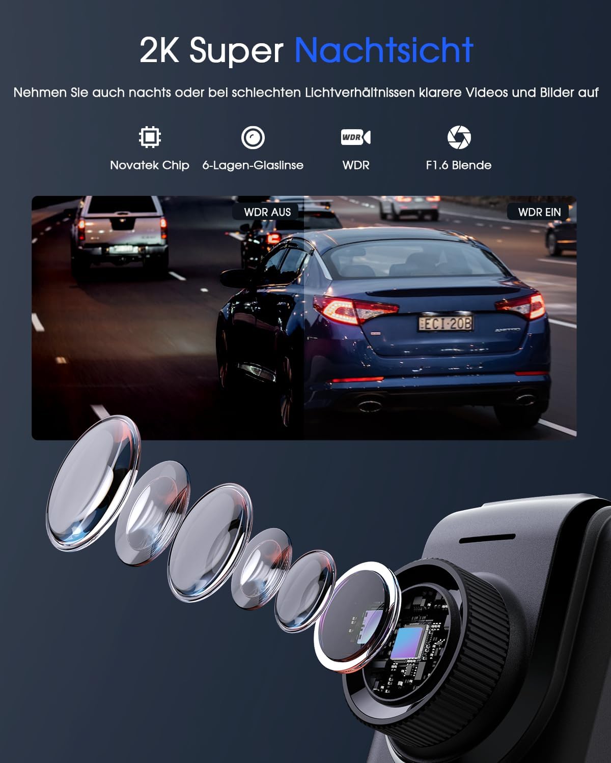 Avylet Dashcam Auto 2K, 1440P WiFi Dash Cam, Mini Vorne Autokamera