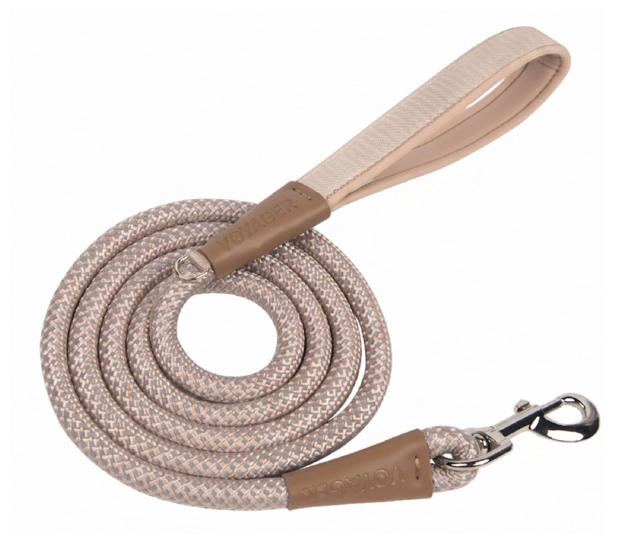 Voyager by Best Pet Supplies Round Rope Reflective Dog Leash - Soft Neoprene Handle &amp; Tangle-Free Hook - Heavy Duty, Strong Durable Lead for Large/Medium/Small Dogs - Khaki, 1/2” x 6'