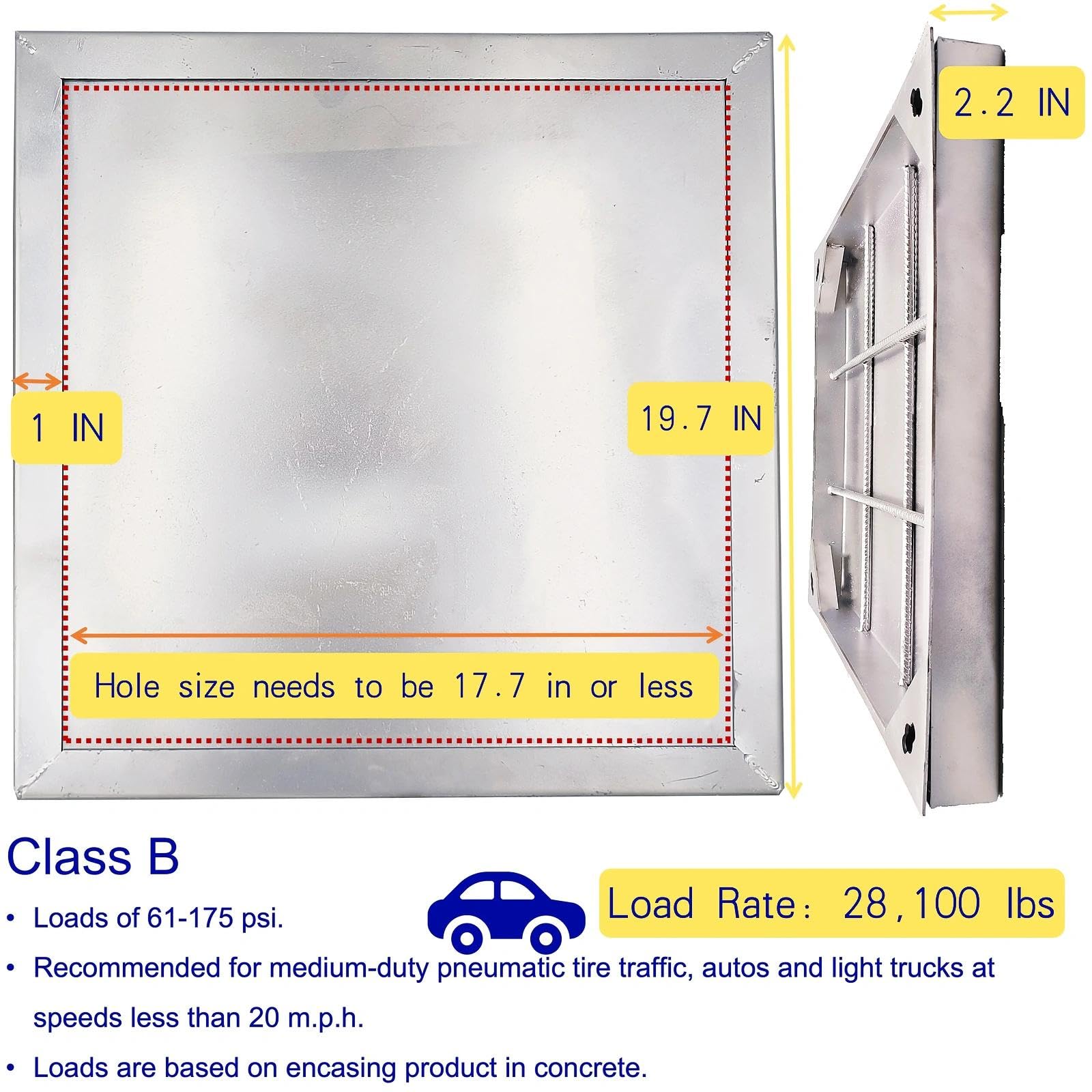 Regard à Carreler en Acier Inoxydable 440x440 mm Ouverture Libre, Classe B125 Tampon de Regard Invisible avec Cadre, Couvercle de Fosse Septique Encastrable pour Allée, Total 500x500x50 mm
