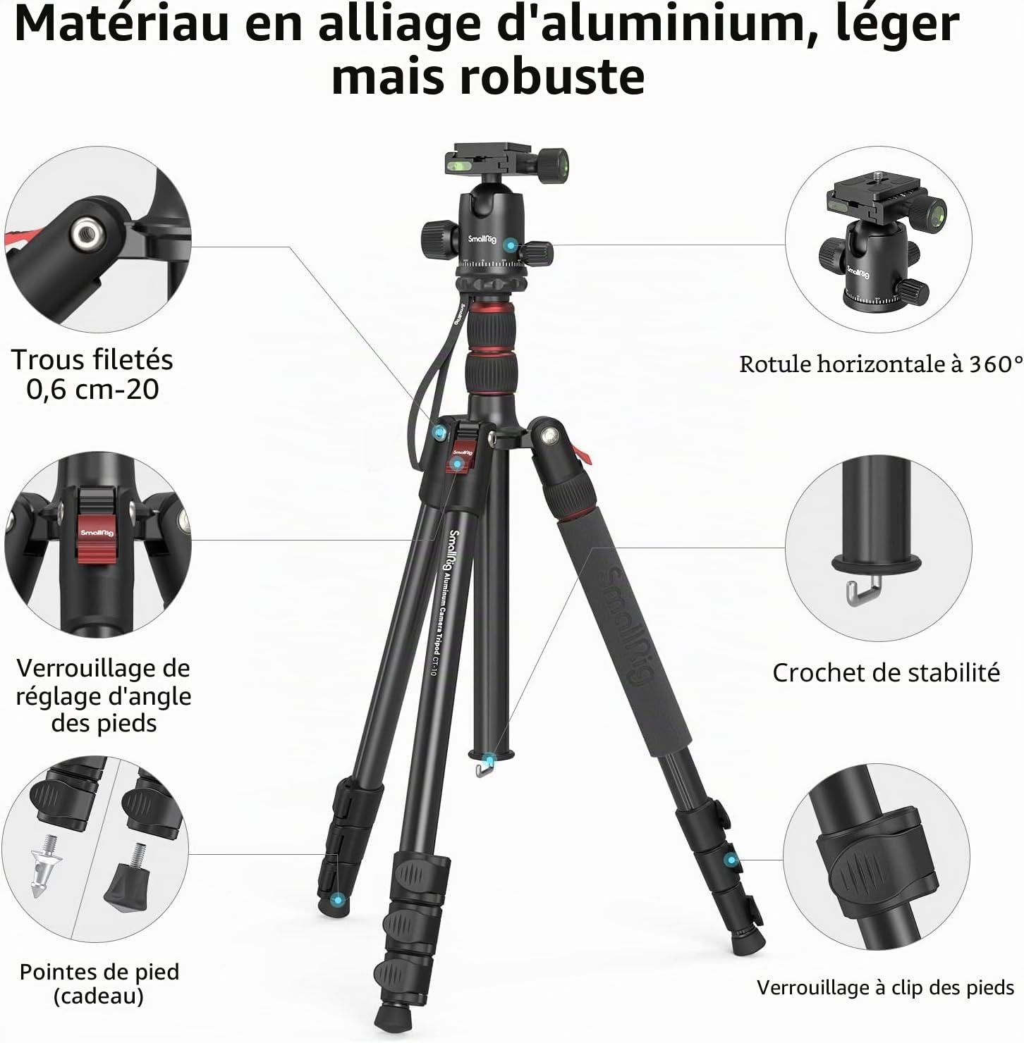 SMALLRIG Trépied CT-20 pour Appareil Photo, trépied et Monopode Pliable en Aluminium de 200 cm (78,7 Pouces), rotule détachable à 360°, Charge utile de 15 kg (33 LB)