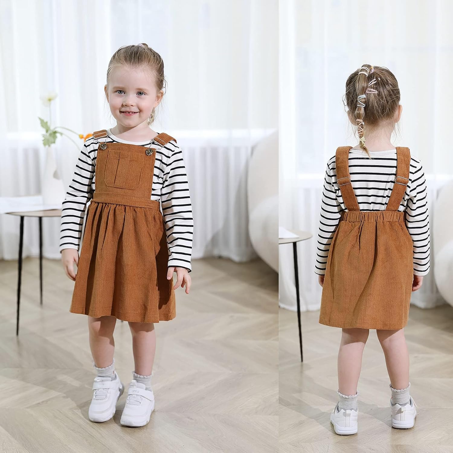 Toddler Baby Girl Fall Outfit Long Sleeve Stripe T-Shirt and Strap Dress Overall with One Pocket Clothes Sets