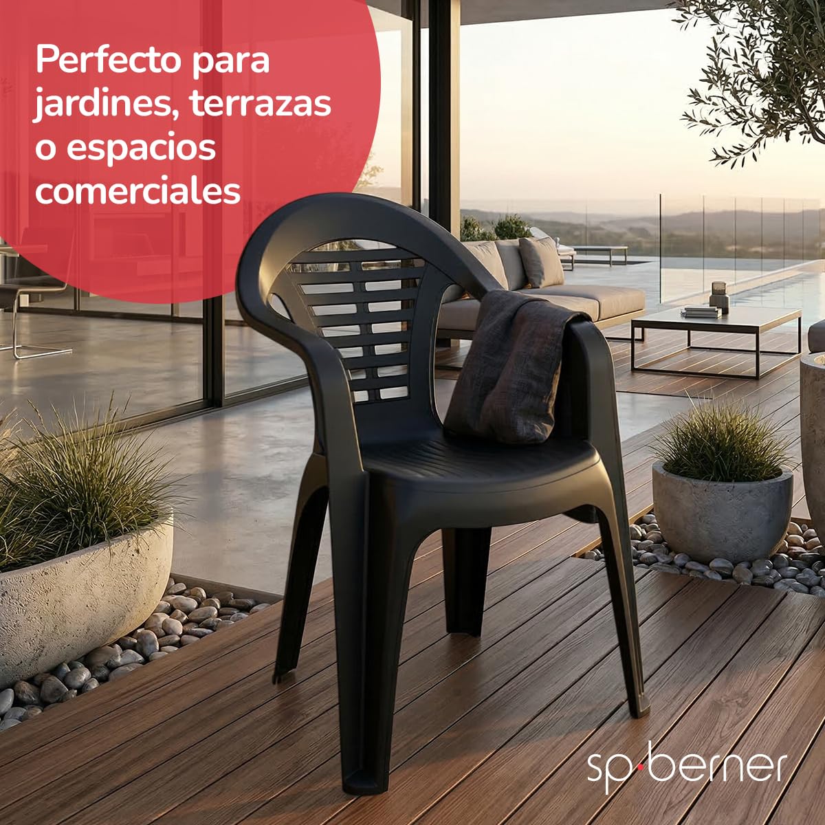 SP Berner SHAF - Pack 6 Sillas de Jardín Apilables - Exterior Terraza y Espacios Comerciales - Plástico Reciclado Resistente UV - Fabricadas en España - Modelo Menorca - Antracita